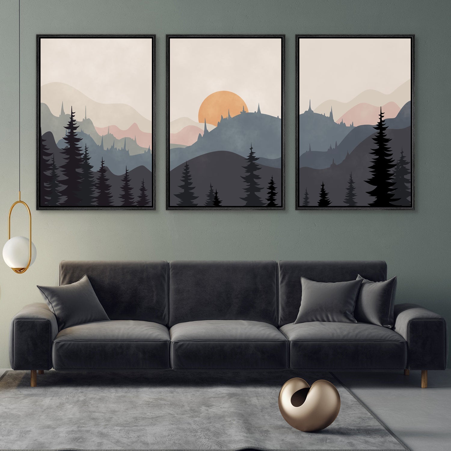 Framed Canvas Wall Art Set of 3 Sunset Forest Landscape Abstract Illustrations Prints Modern Art Minimalist Boho Wall Decor
