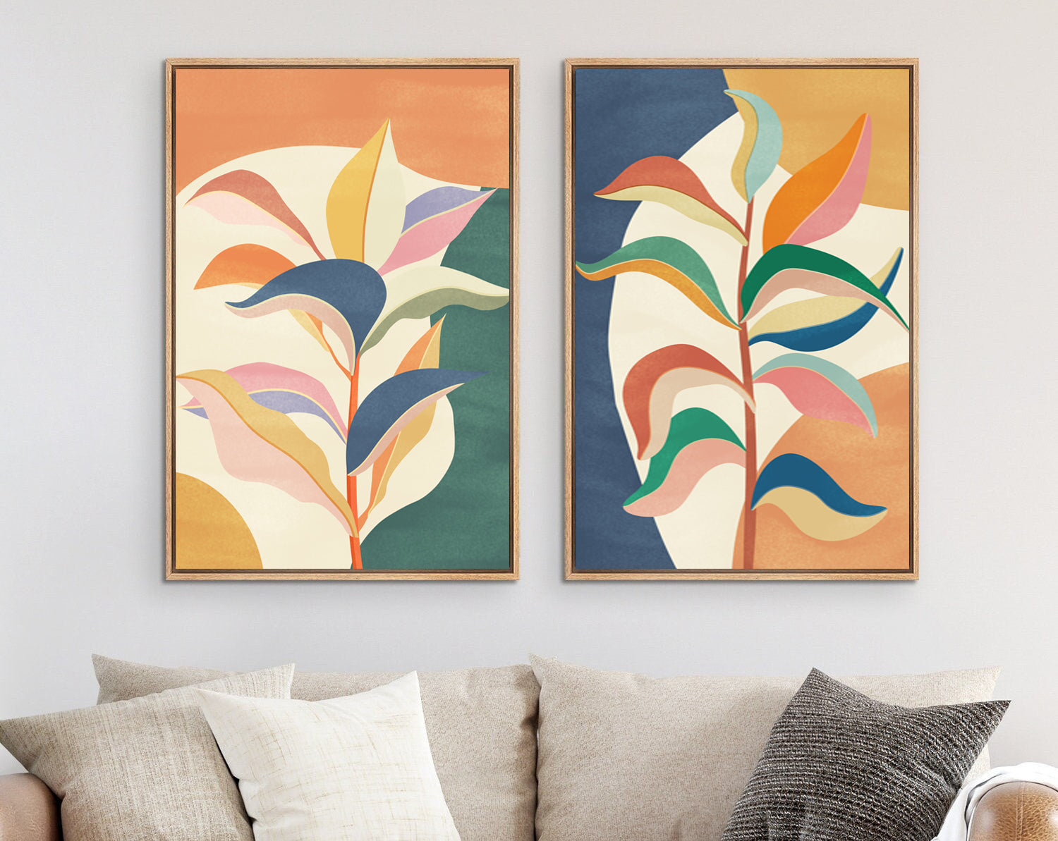 Framed Canvas Wall Art Set of 2 Colorful Tropical Jungle Leaf Botanical Prints Minimalist Modern Art Boho Wall Decor