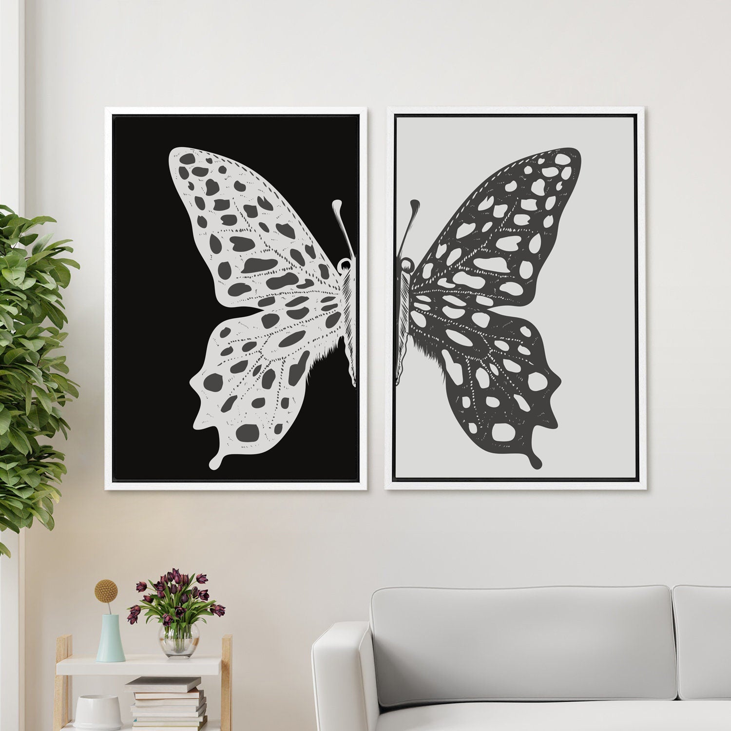 Framed Canvas Wall Art Set of 2 Black and White Butterfly Prints Minimalist Modern Art Boho Wall Decor
