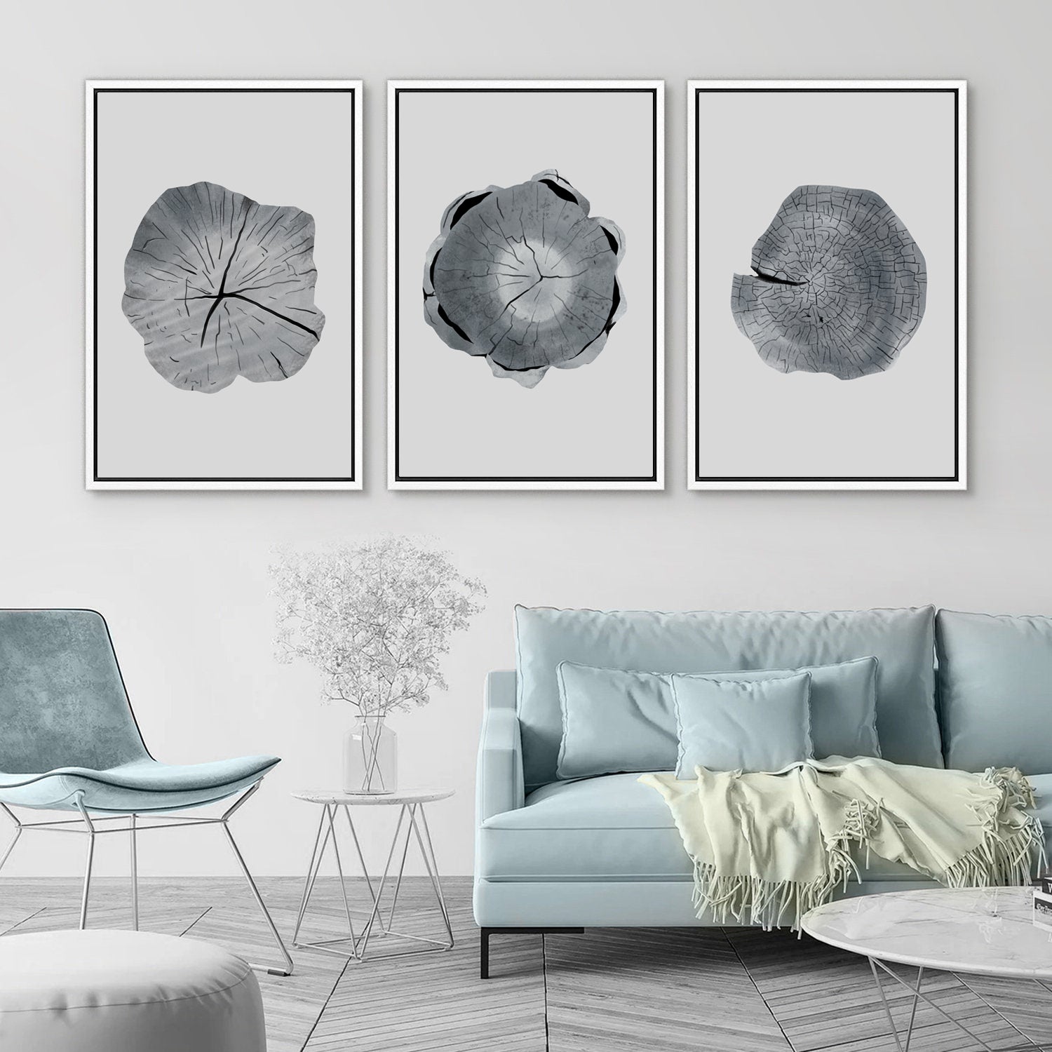 Framed Canvas Wall Art Set of 3 Wood Tree Rings Illustrations Prints Minimalist Modern Wall Art Neutral Decor