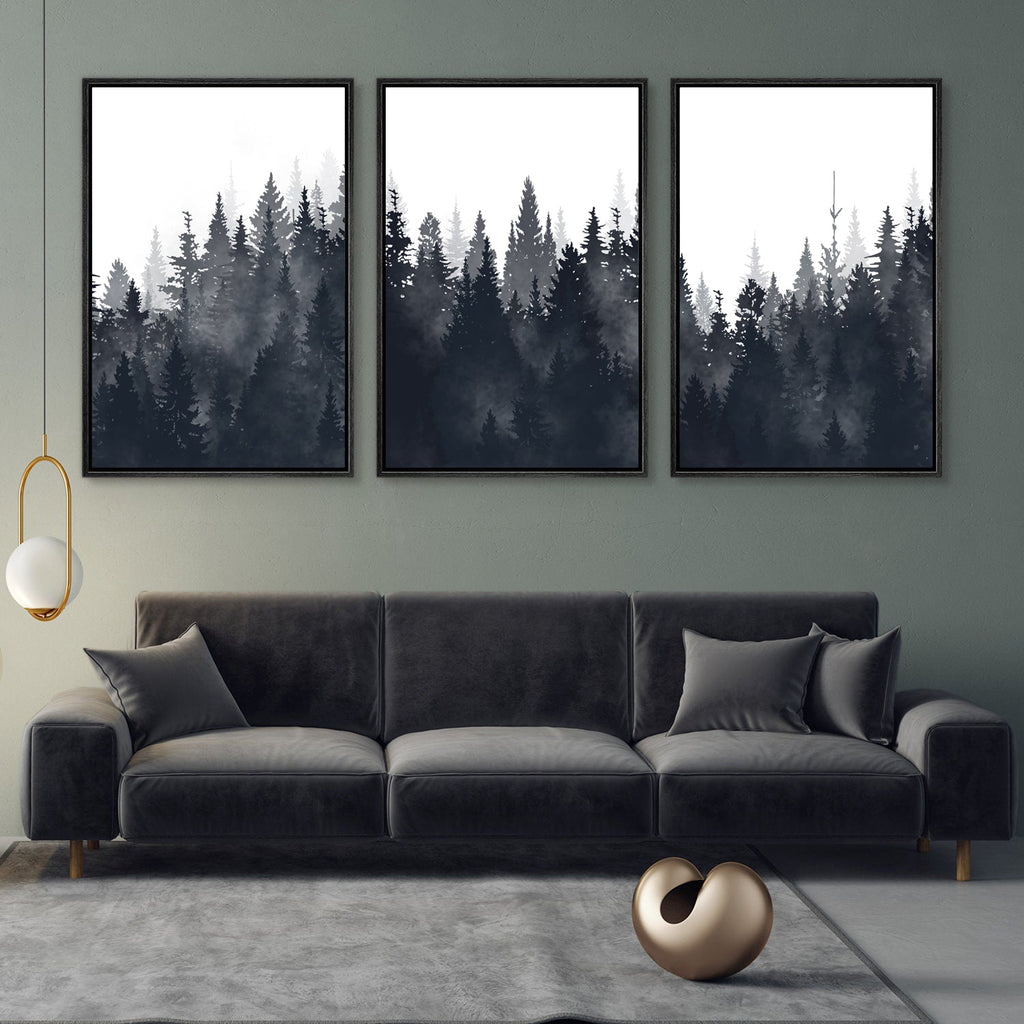 Framed Canvas Wall Art Set of 3 Misty Forest Mountain Landscape Print Modern Art Nature Wall Decor