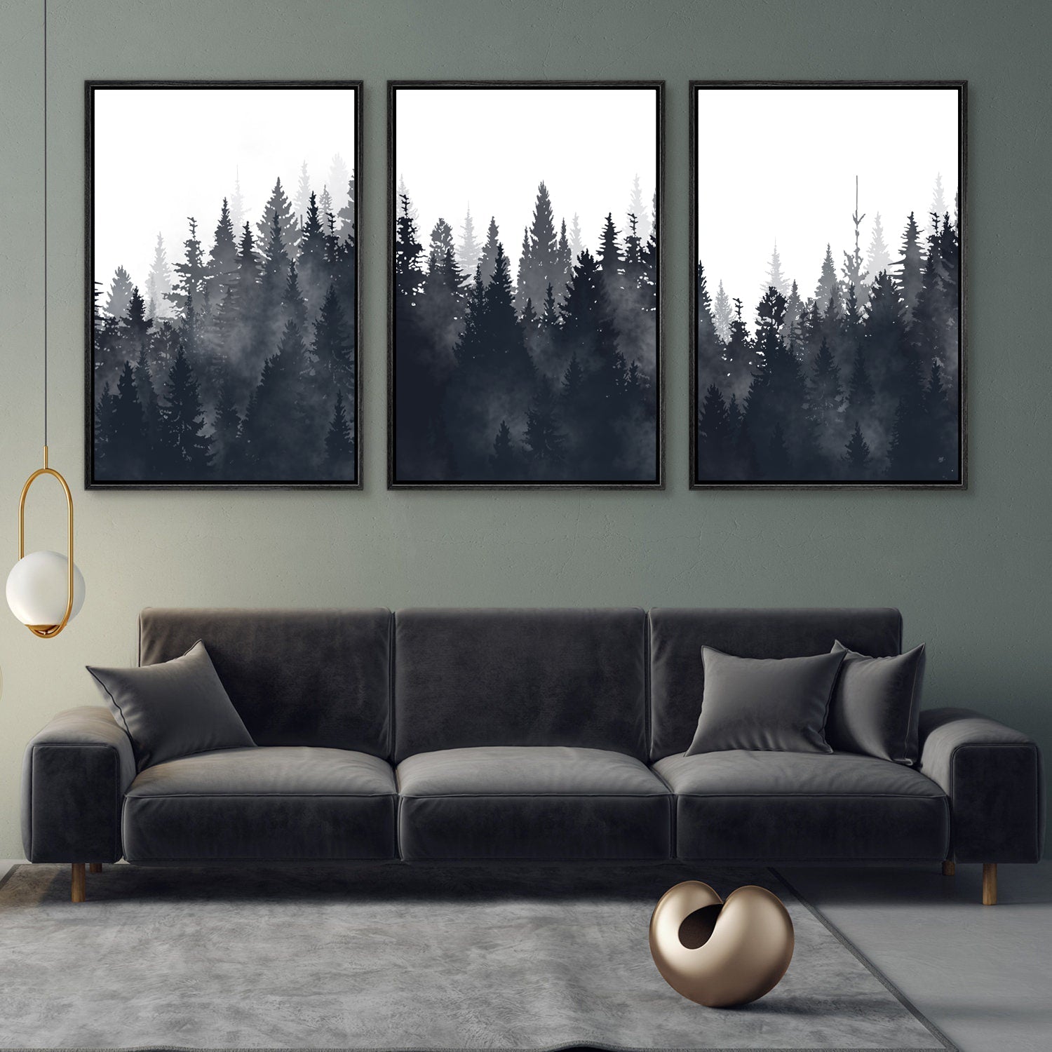 Framed Canvas Wall Art Set of 3 Misty Forest Mountain Landscape Print Modern Art Nature Wall Decor