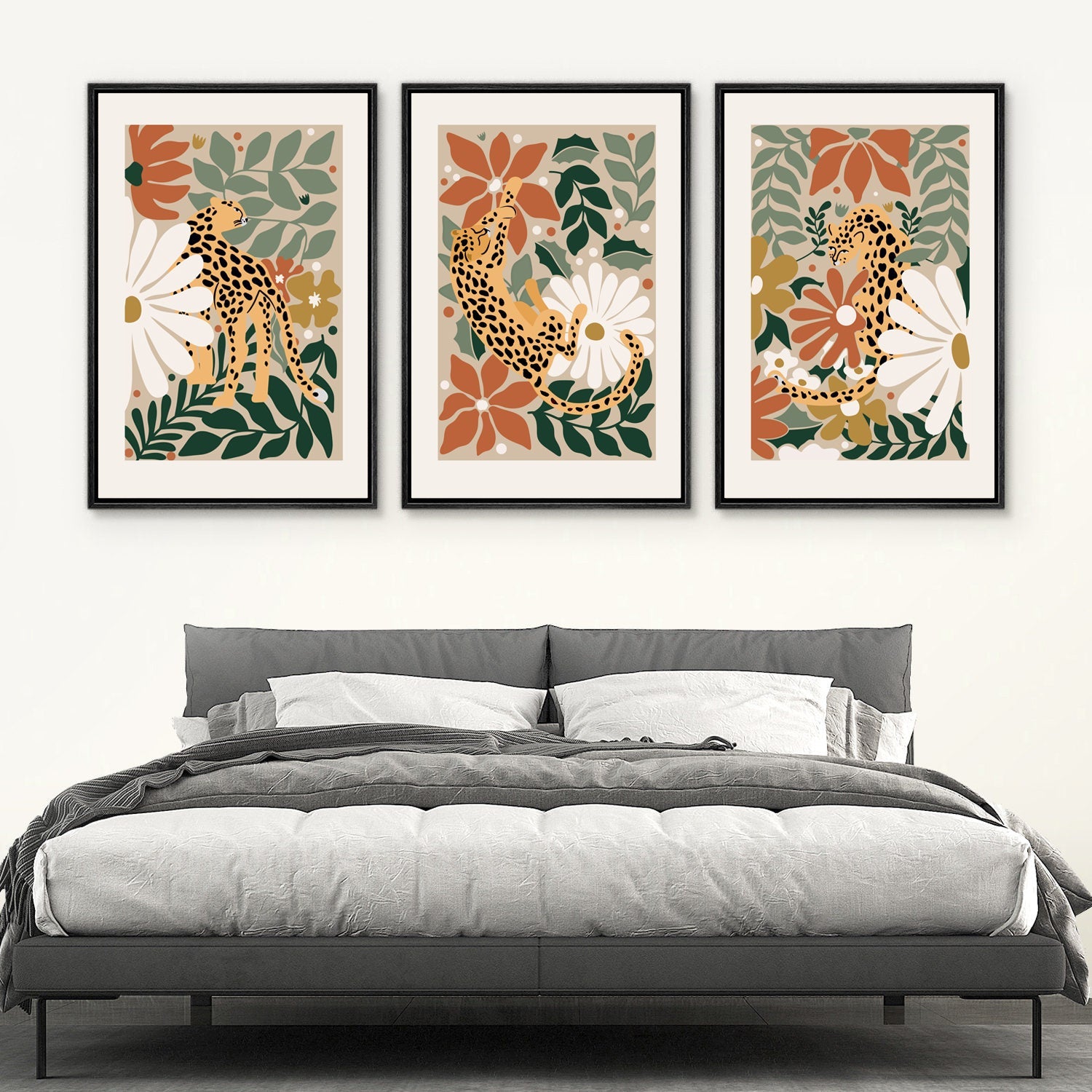 Framed Canvas Wall Art Set of 3 Cheetah Cats Animal Floral Botanical Prints Minimalist Modern Art Boho Decor Preppy Room Decor