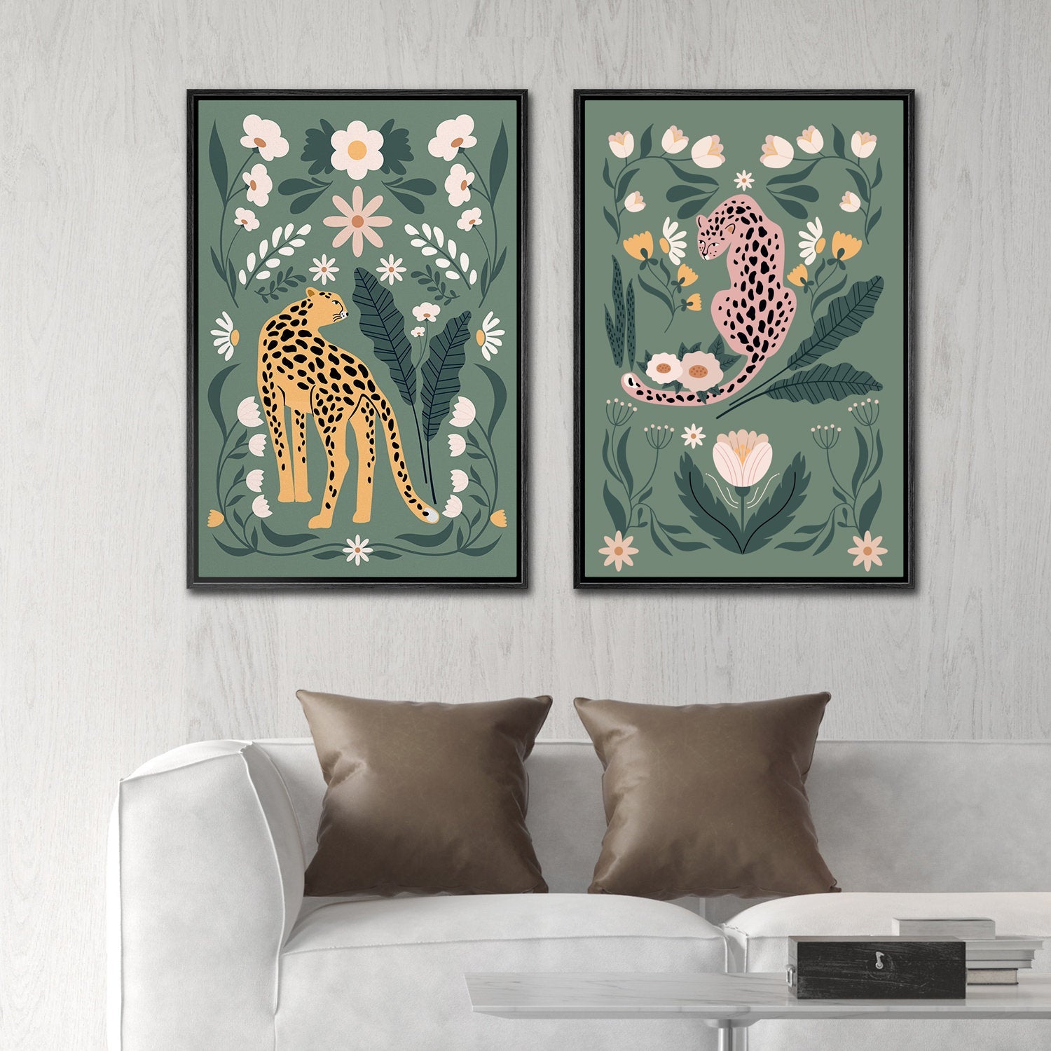 Framed Canvas Print Wall Art Set Cartoon Tiger Plant Bohemian Art Room Decoration Painting