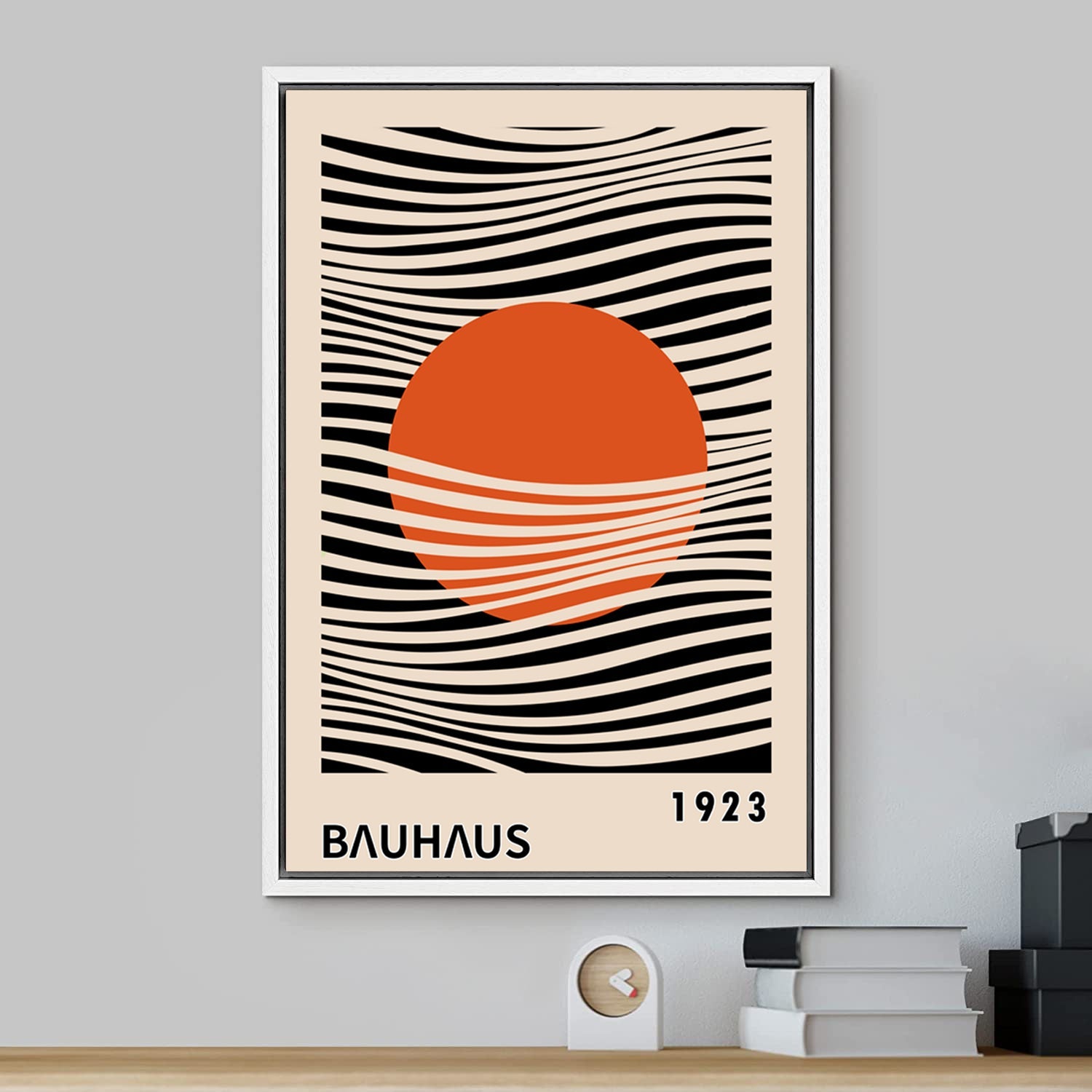 Framed Canvas Print Wall Art Bauhaus Sun and Waves Abstract Illustration Mid Century Modern Wall Art Minimalist Decor