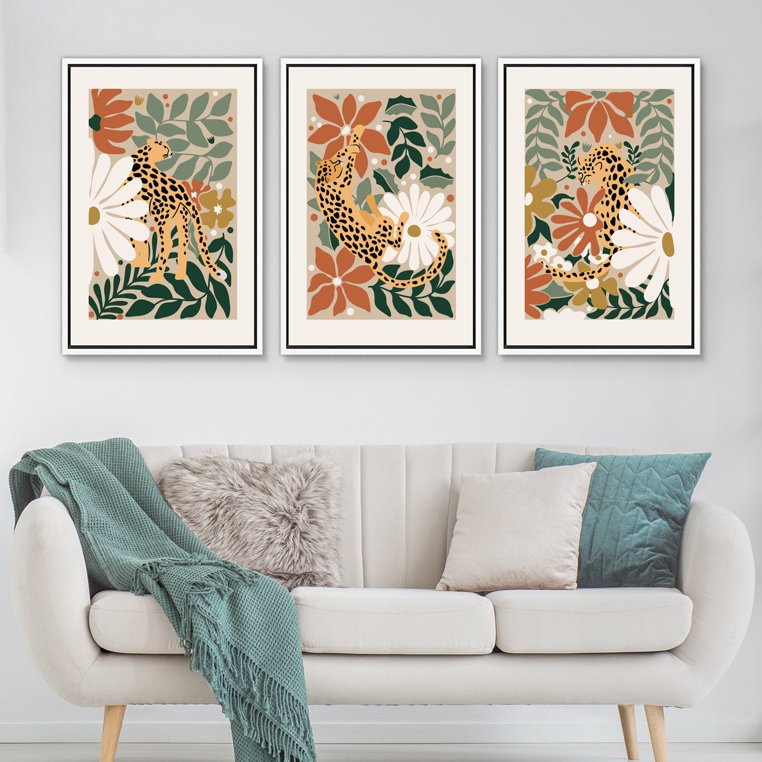 Framed Canvas Wall Art Set of 3 Cheetah Cats Animal Floral Botanical Prints Minimalist Modern Art Boho Decor Preppy Room Decor