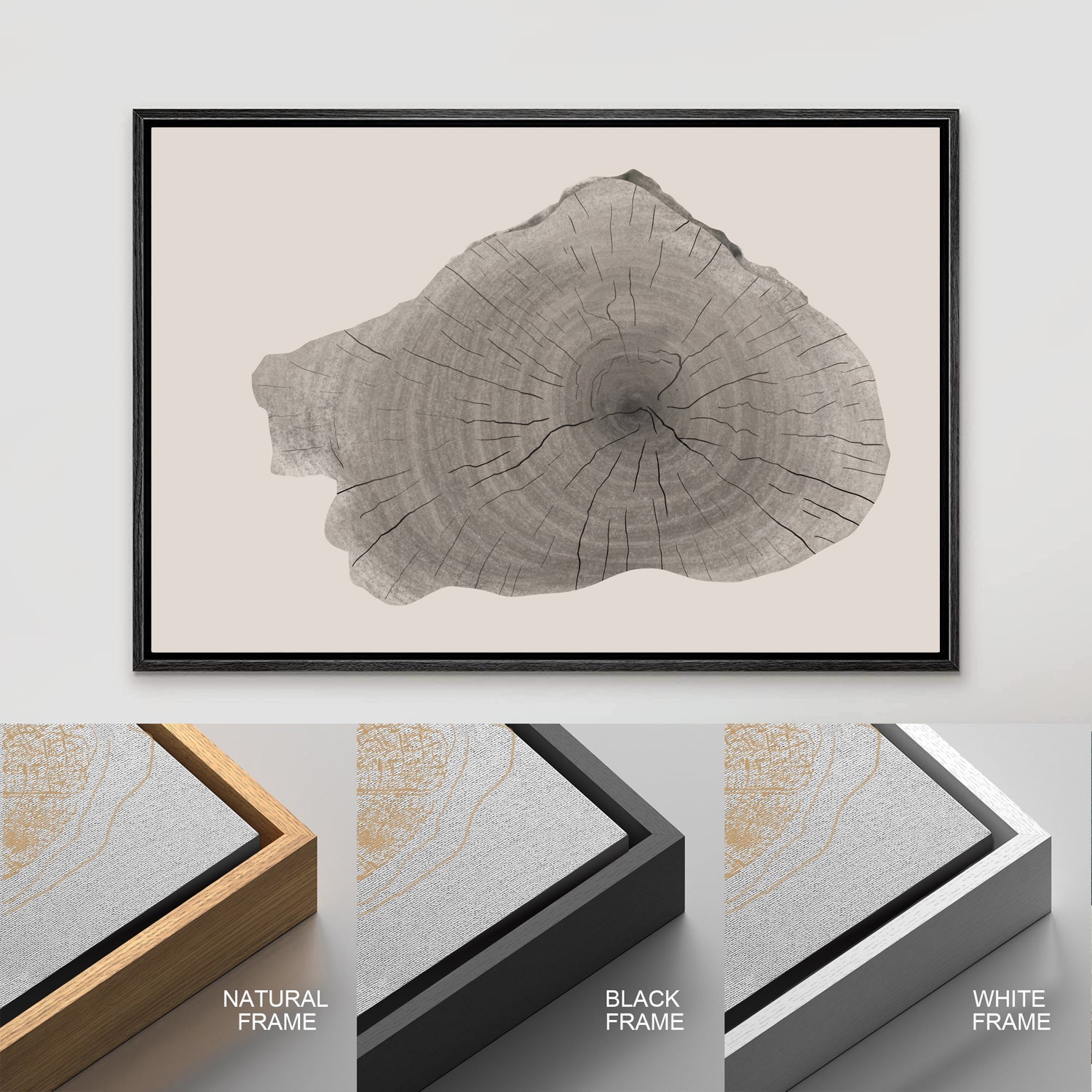 Framed Canvas Print Wall Art Wood Tree Rings Illustrations Minimalist Modern Art Neutral Boho Decor