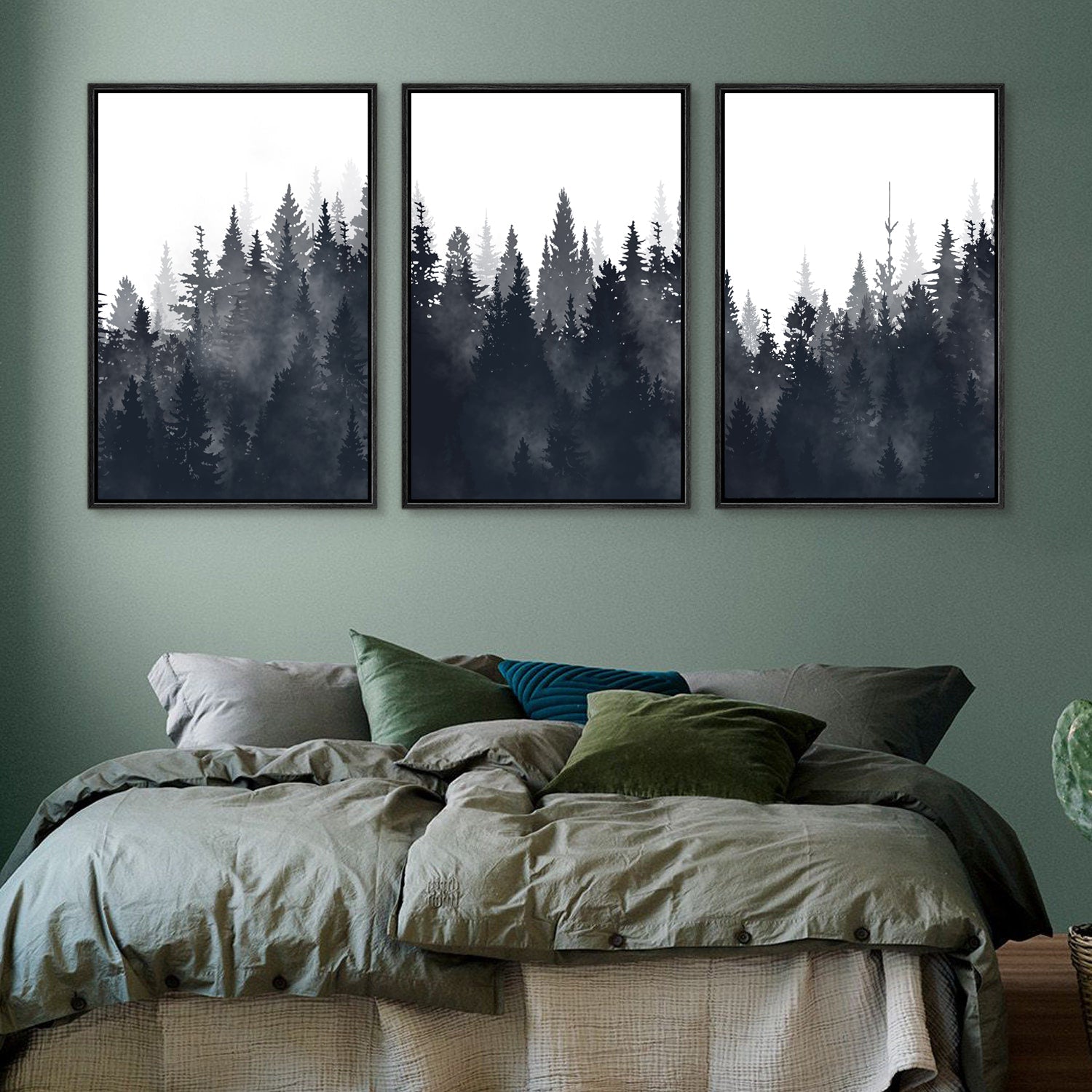 Framed Canvas Wall Art Set of 3 Misty Forest Mountain Landscape Print Modern Art Nature Wall Decor