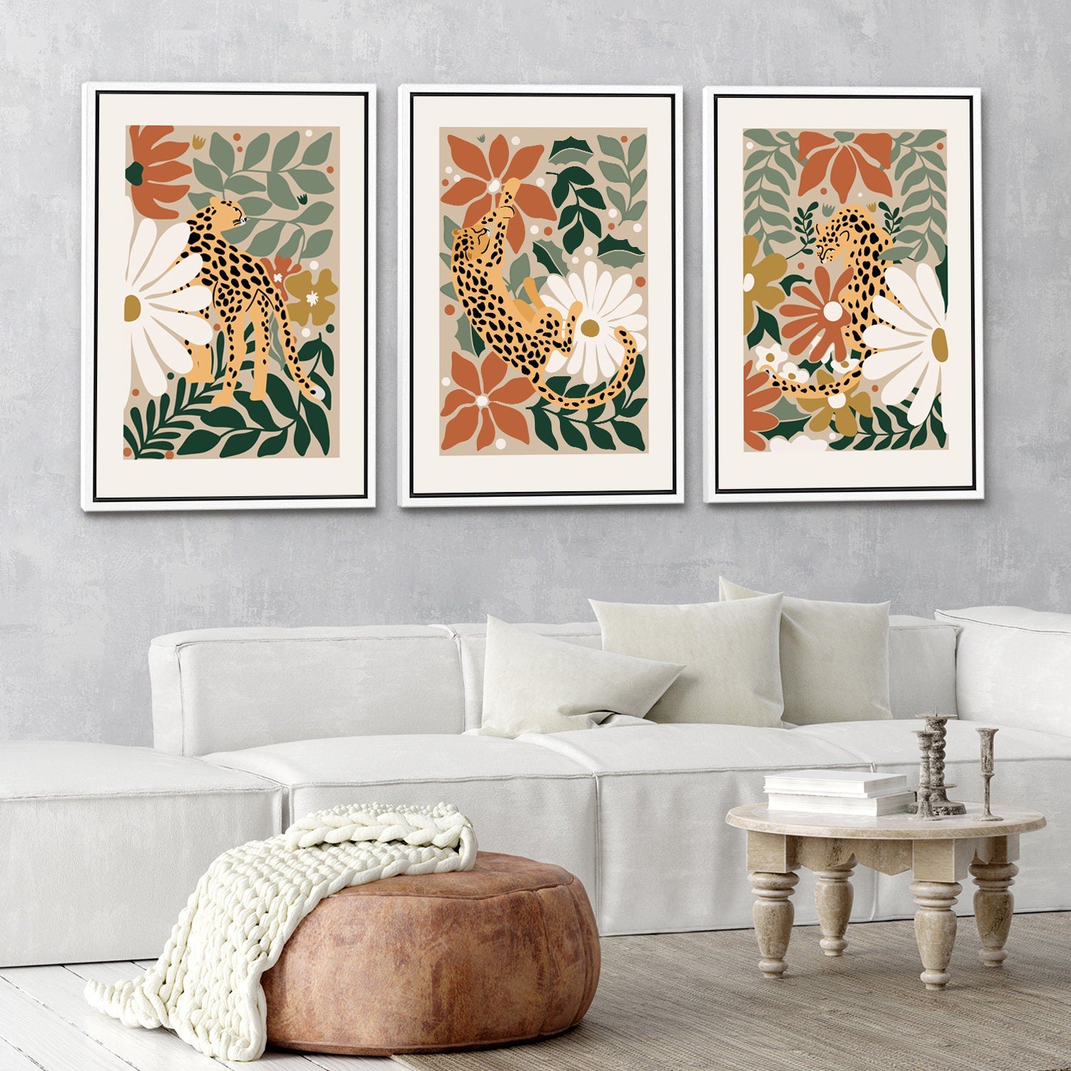 Framed Canvas Wall Art Set of 3 Cheetah Cats Animal Floral Botanical Prints Minimalist Modern Art Boho Decor Preppy Room Decor