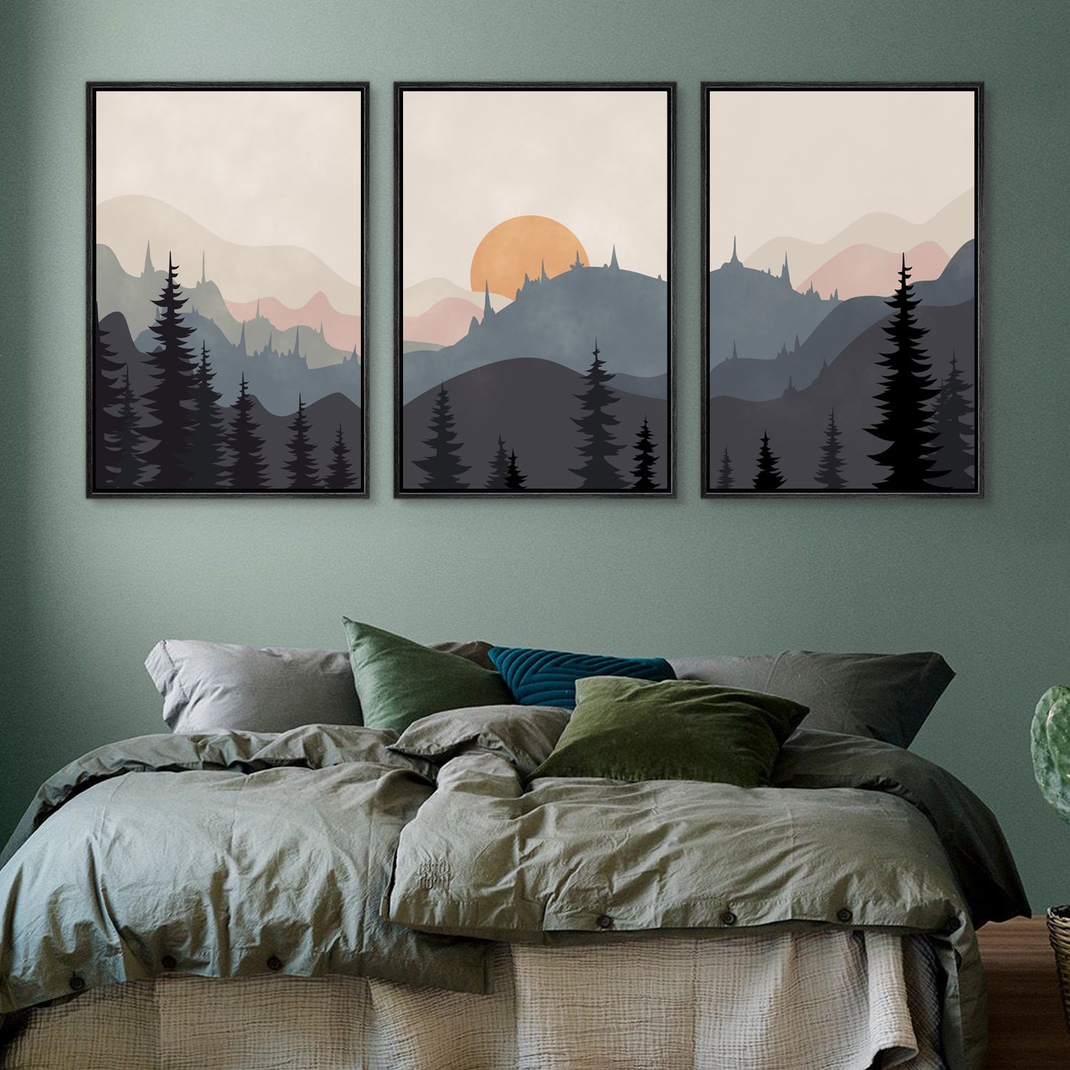 Framed Canvas Wall Art Set of 3 Sunset Forest Landscape Abstract Illustrations Prints Modern Art Minimalist Boho Wall Decor