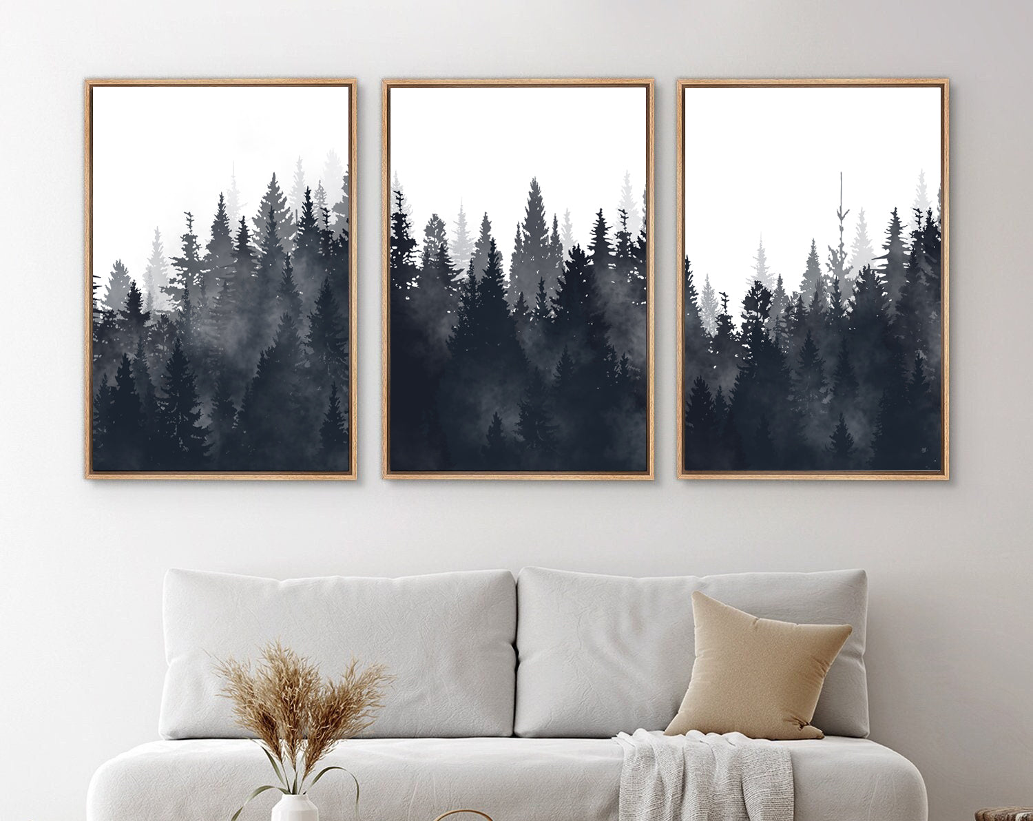 Framed Canvas Wall Art Set of 3 Misty Forest Mountain Landscape Print Modern Art Nature Wall Decor