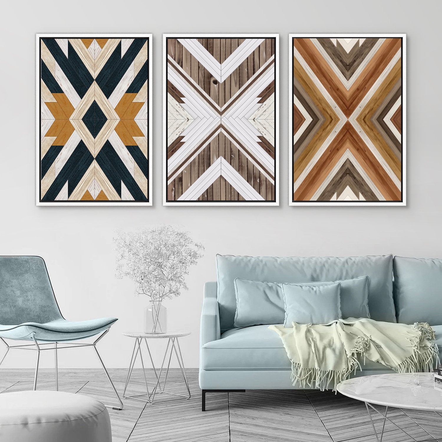 Framed Canvas Wall Art Set Southwestern Wood Panel Geometric Diamond Pattern Collage Print Abstract Modern Wall Art Rustic Western Decor