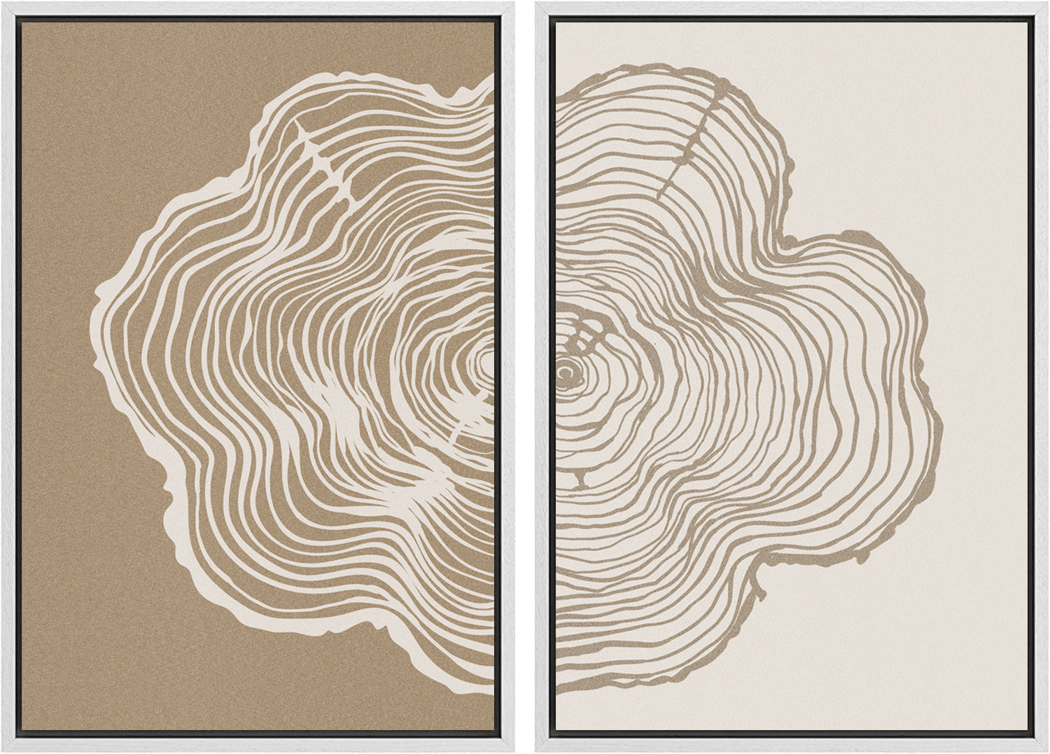 Framed Canvas Print Wall Art Set of 2 Duotone Wood Tree Ring Abastract Illustrations Modern Art Minimalist Boho Decor