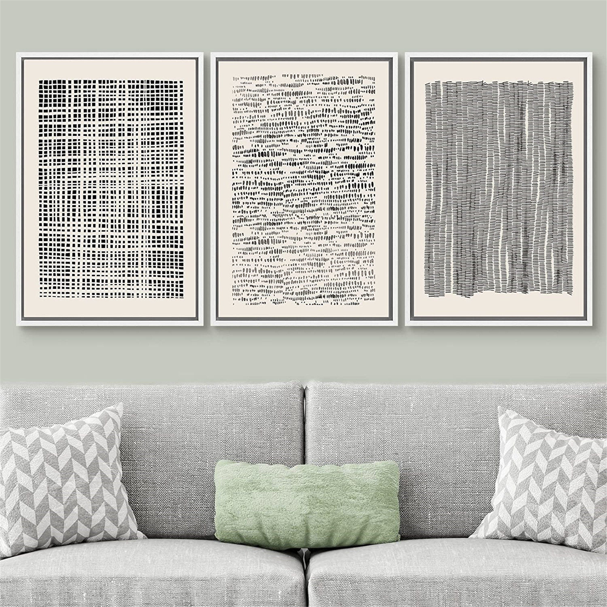 Framed Canvas Print Wall Art Set Geometric Black Grid Wave Pattern Abstract Drawings Modern Art Neutral Minimalist Decor