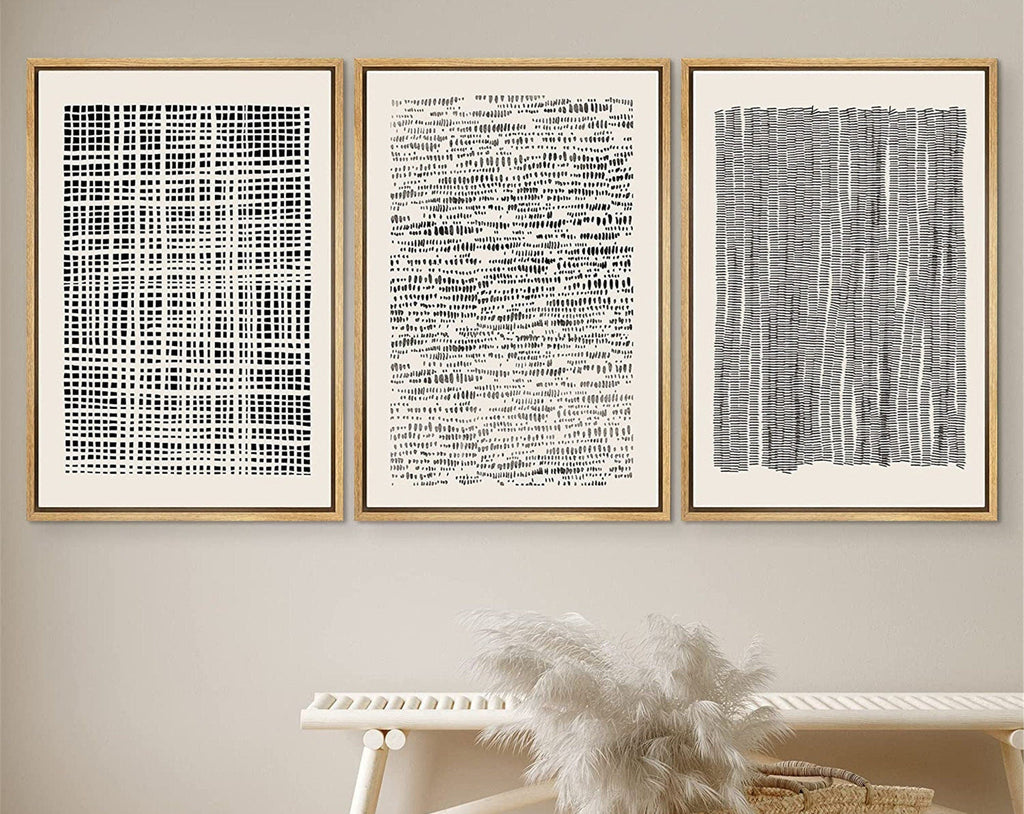 Framed Canvas Print Wall Art Set Geometric Black Grid Wave Pattern Abstract Drawings Modern Art Neutral Minimalist Decor