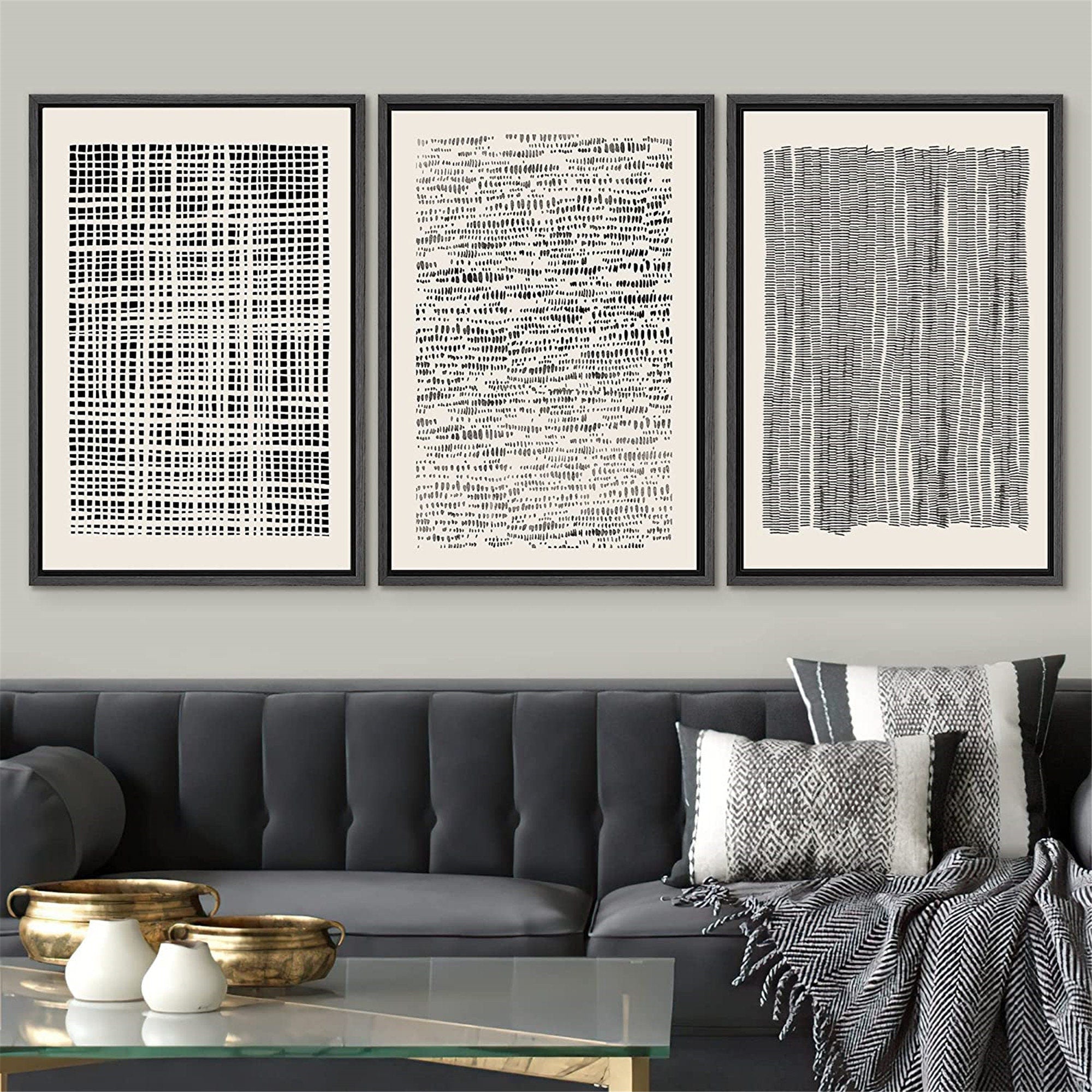 Framed Canvas Print Wall Art Set Geometric Black Grid Wave Pattern Abstract Drawings Modern Art Neutral Minimalist Decor