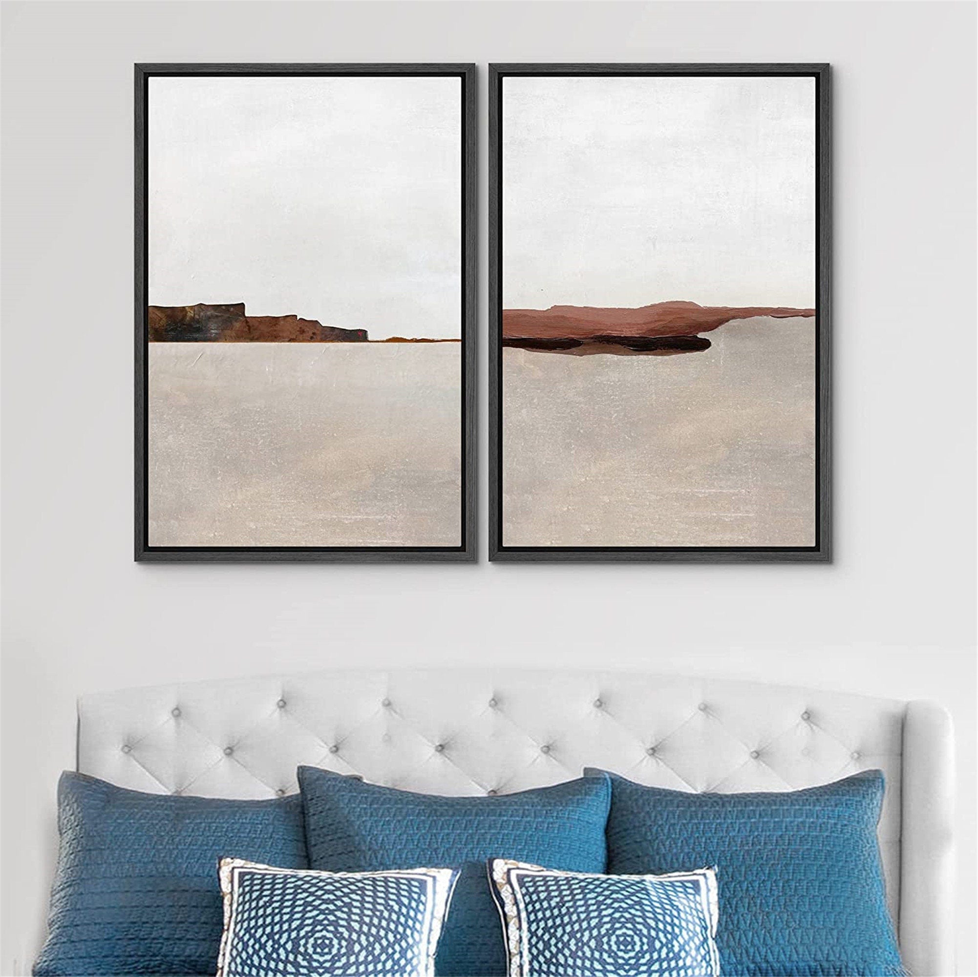 Framed Canvas Print Wall Art Set of 2 Brown Pastel Abstract Landscape Illustration Modern Art Minimalist Decor