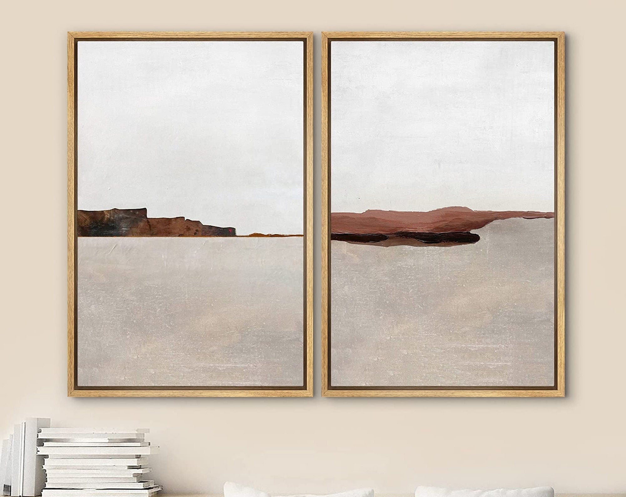 Framed Canvas Print Wall Art Set of 2 Brown Pastel Abstract Landscape Illustration Modern Art Minimalist Decor