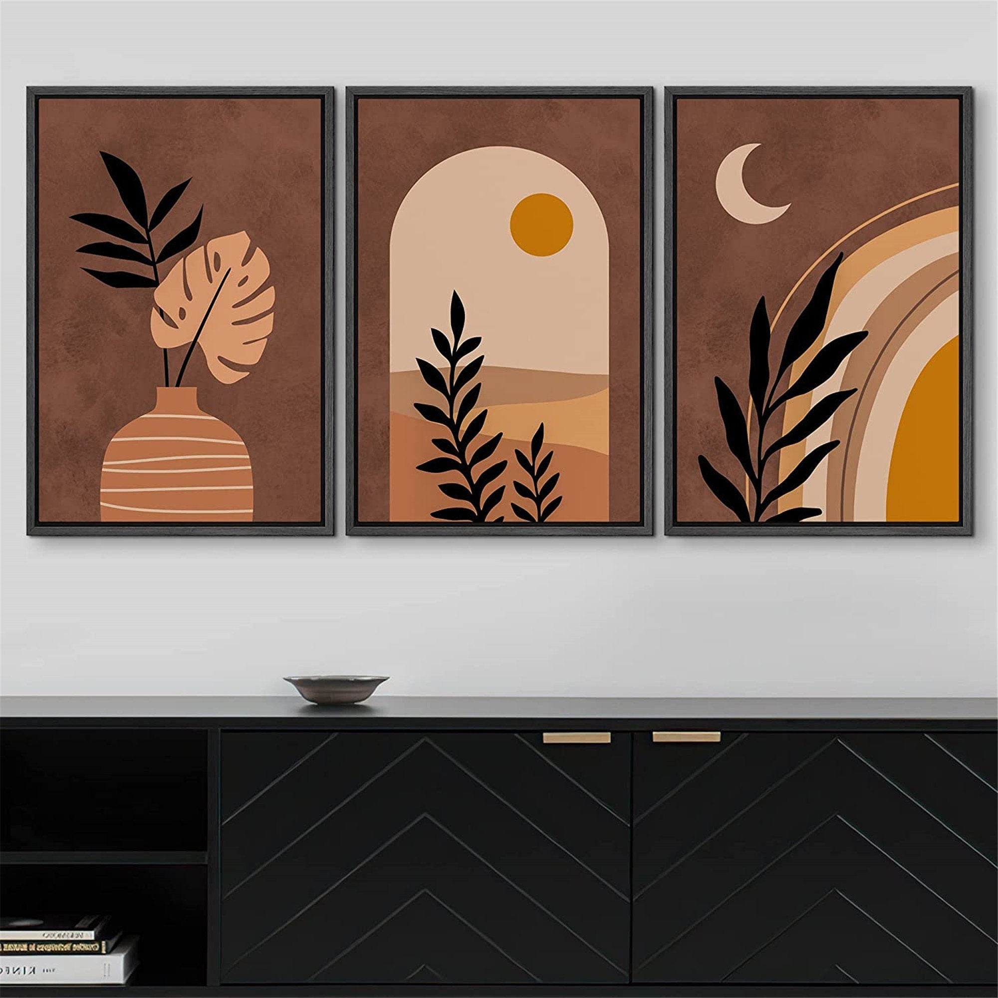 Framed Canvas Print Wall Art Set of 3 Tropical Desert Oasis Jungle Leaf Abstract Illustrations Mid Century Modern Art Boho Decor