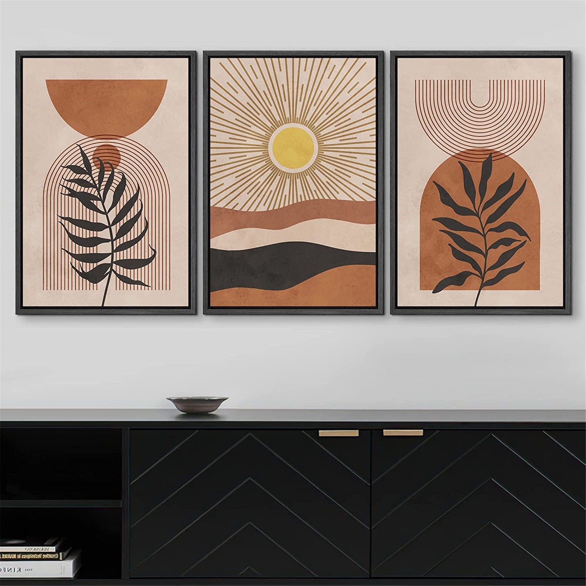 Framed Canvas Print Wall Art Set of 3 Desert Dune Jungle Palm Leaf Abstract Nature Illustration Mid Century Modern Art Boho Decor