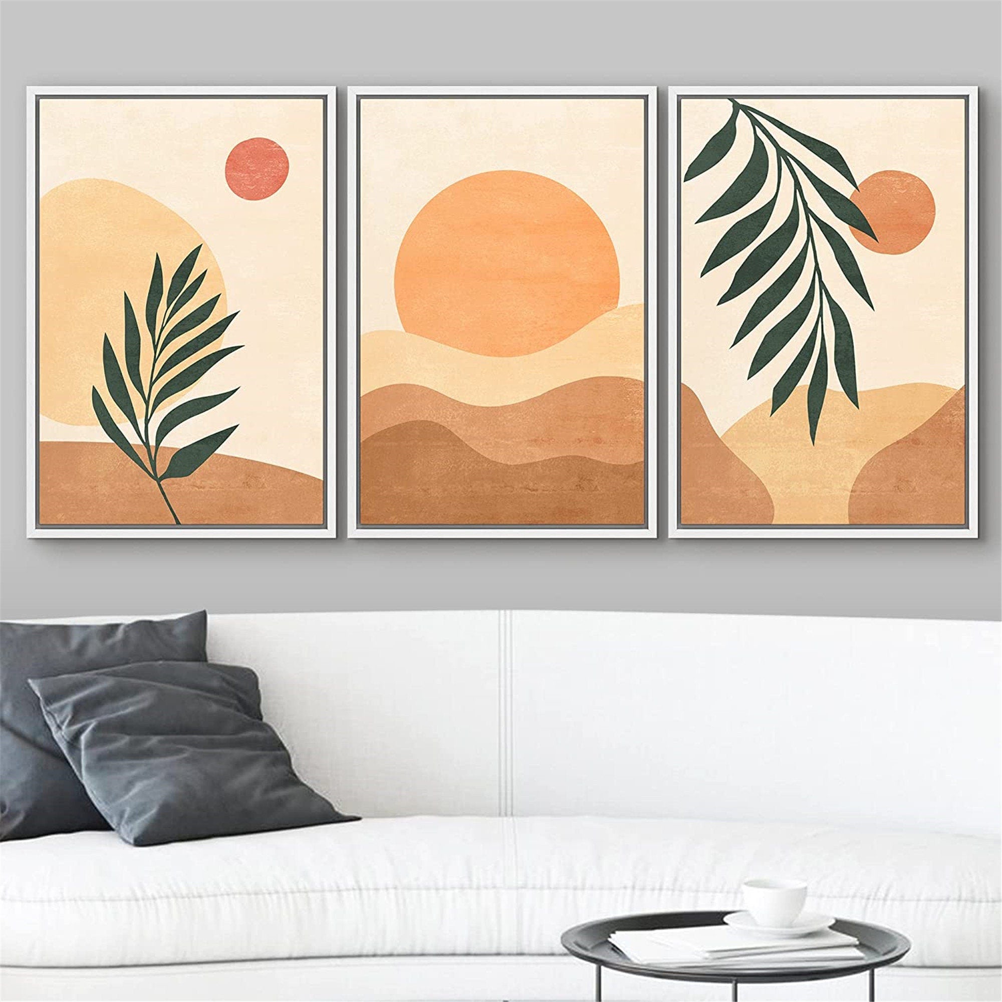 Framed Canvas Print Wall Art Set of 3 Geometric Arch Desert Plants Abstract Illustration Mid Century Modern Art Boho Decor