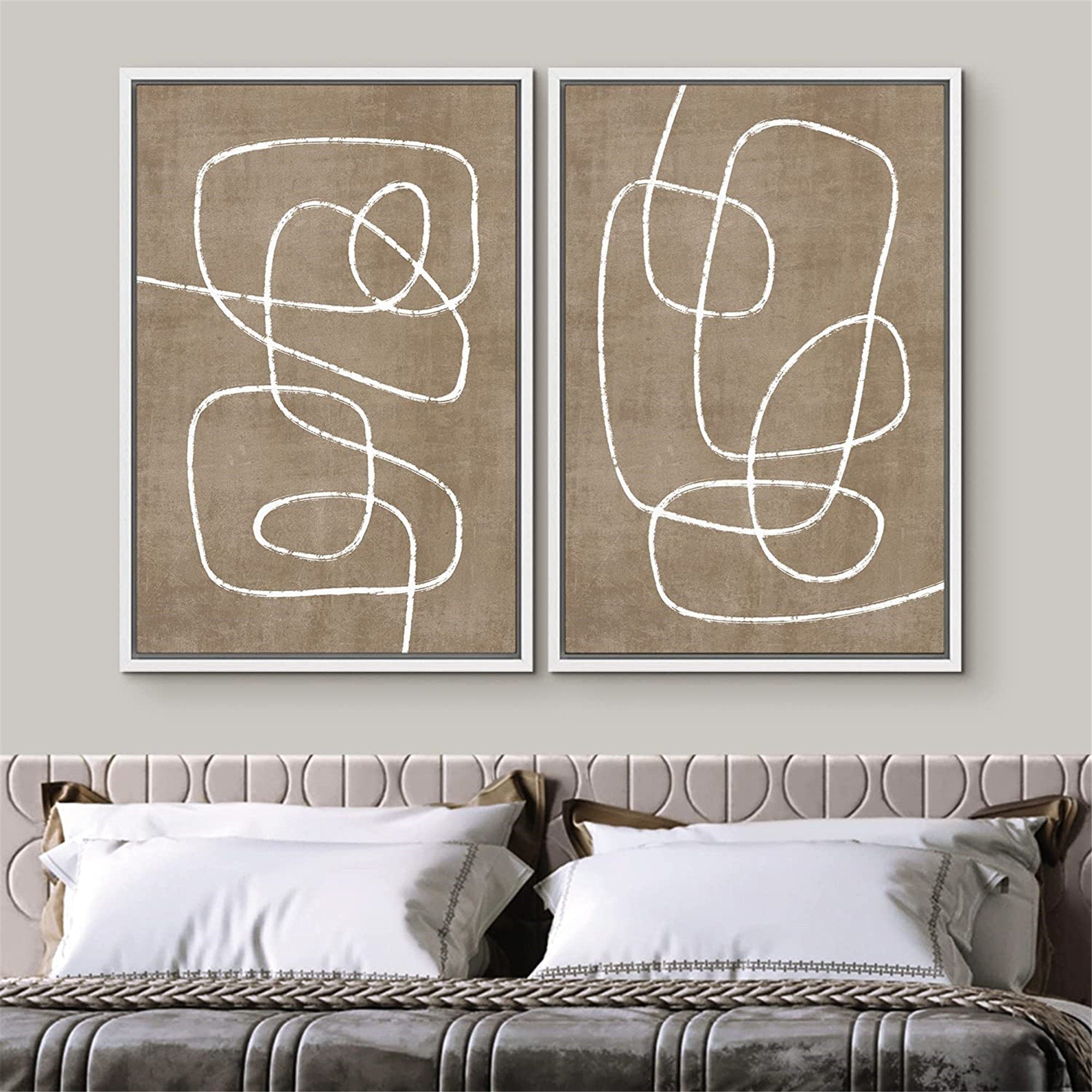 Framed Canvas Print Wall Art Set of 2 Spiral Collage Abstract Line Illustrations Mid Century Modern Art Minimalist Boho Decor
