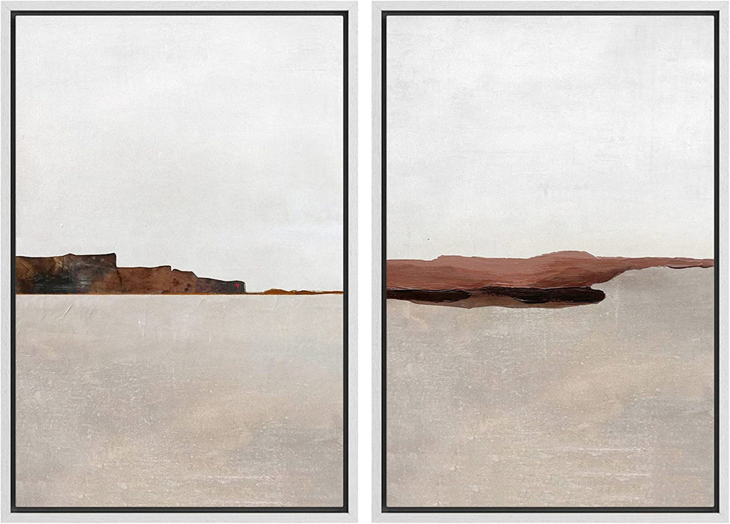 Framed Canvas Print Wall Art Set of 2 Brown Pastel Abstract Landscape Illustration Modern Art Minimalist Decor