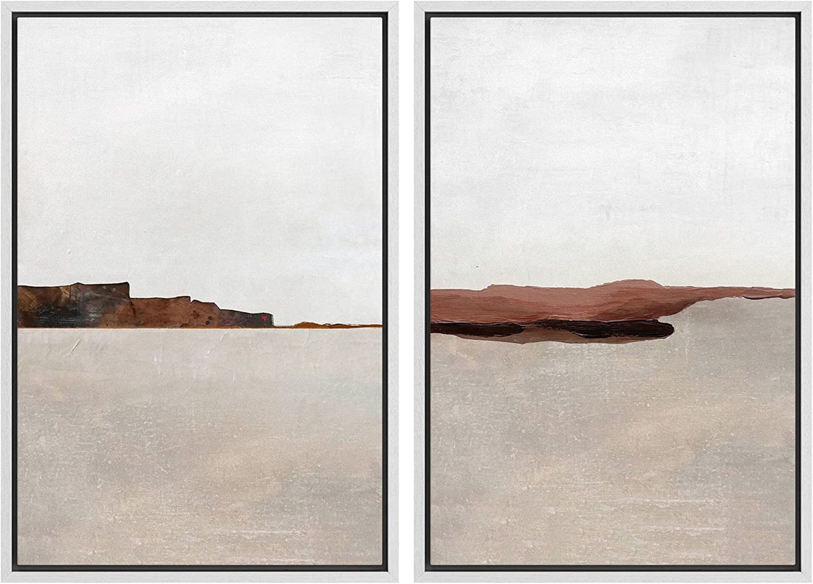 Framed Canvas Print Wall Art Set of 2 Brown Pastel Abstract Landscape Illustration Modern Art Minimalist Decor