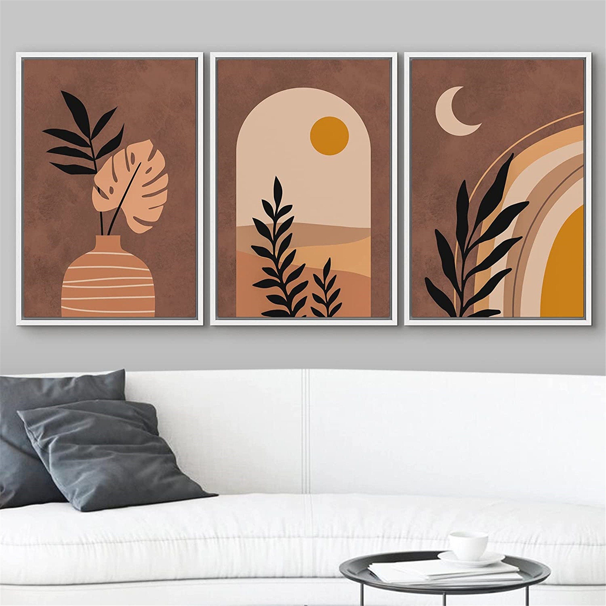 Framed Canvas Print Wall Art Set of 3 Tropical Desert Oasis Jungle Leaf Abstract Illustrations Mid Century Modern Art Boho Decor