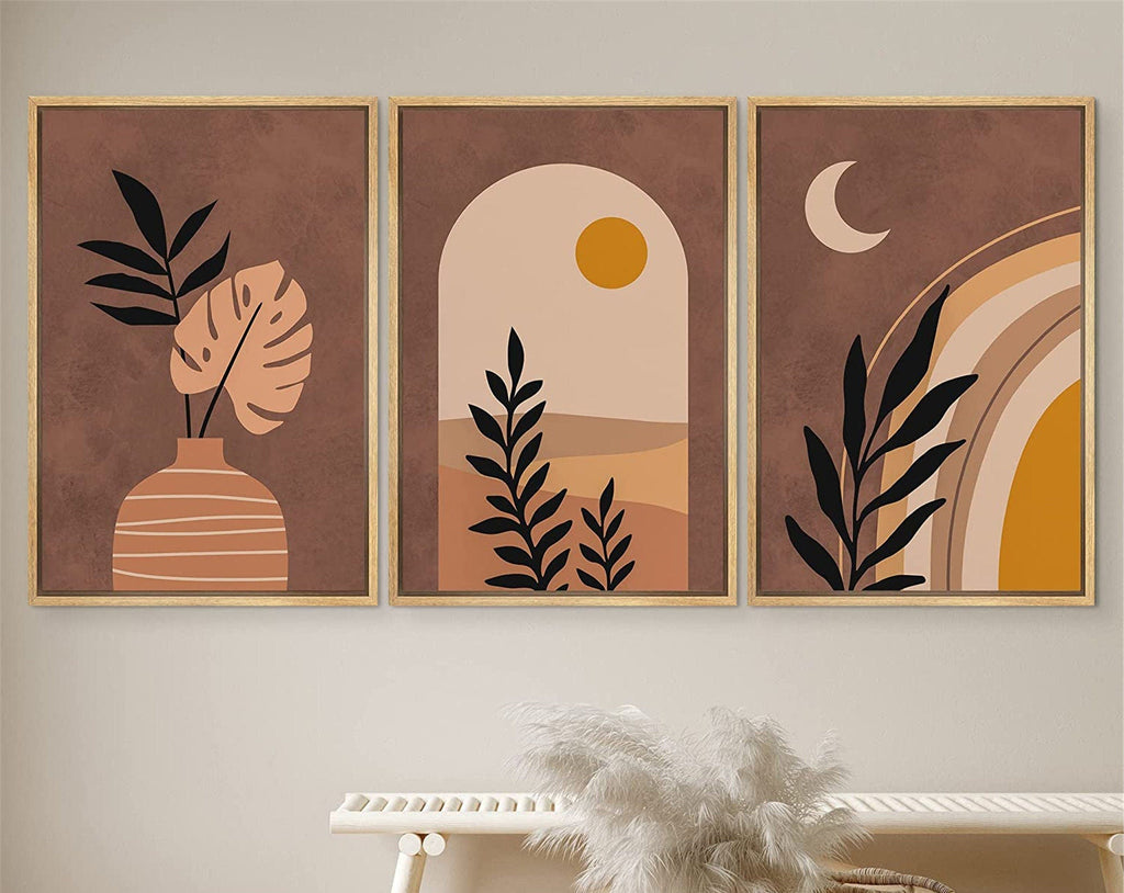 Framed Canvas Print Wall Art Set of 3 Tropical Desert Oasis Jungle Leaf Abstract Illustrations Mid Century Modern Art Boho Decor