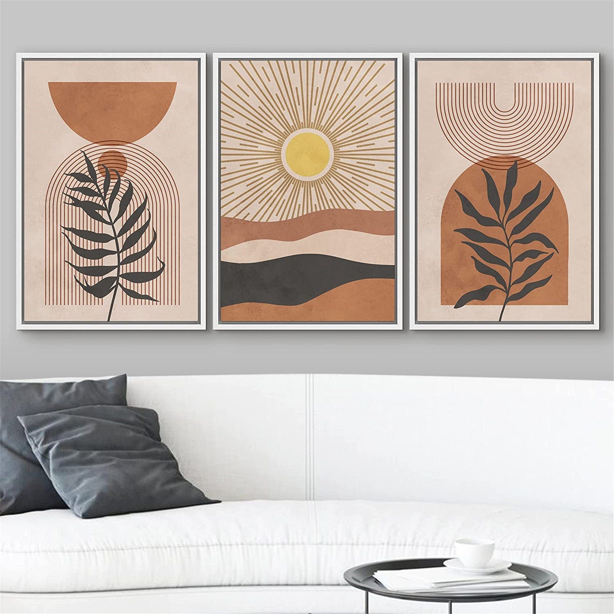 Framed Canvas Print Wall Art Set of 3 Desert Dune Jungle Palm Leaf Abstract Nature Illustration Mid Century Modern Art Boho Decor