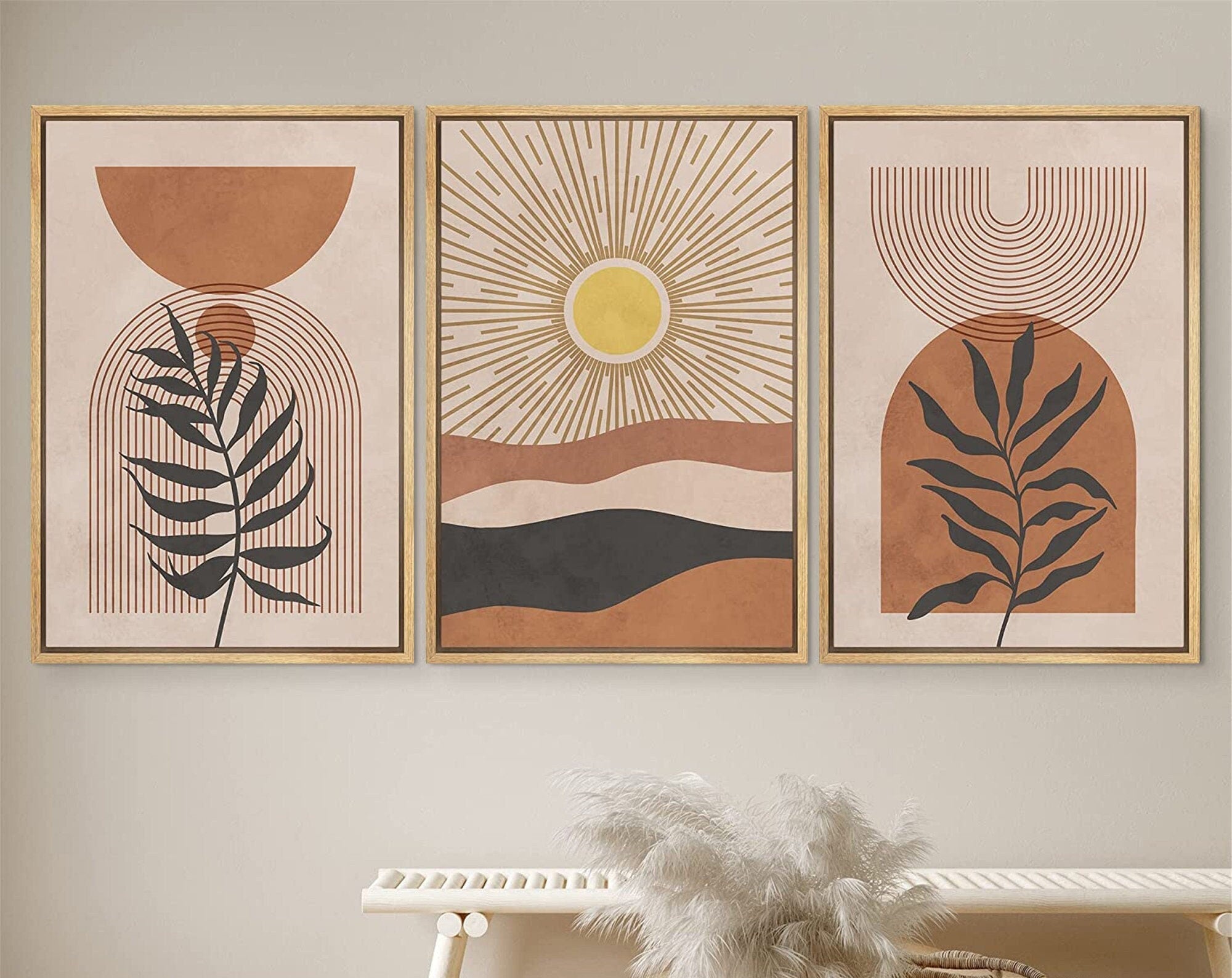 Framed Canvas Print Wall Art Set of 3 Desert Dune Jungle Palm Leaf Abstract Nature Illustration Mid Century Modern Art Boho Decor