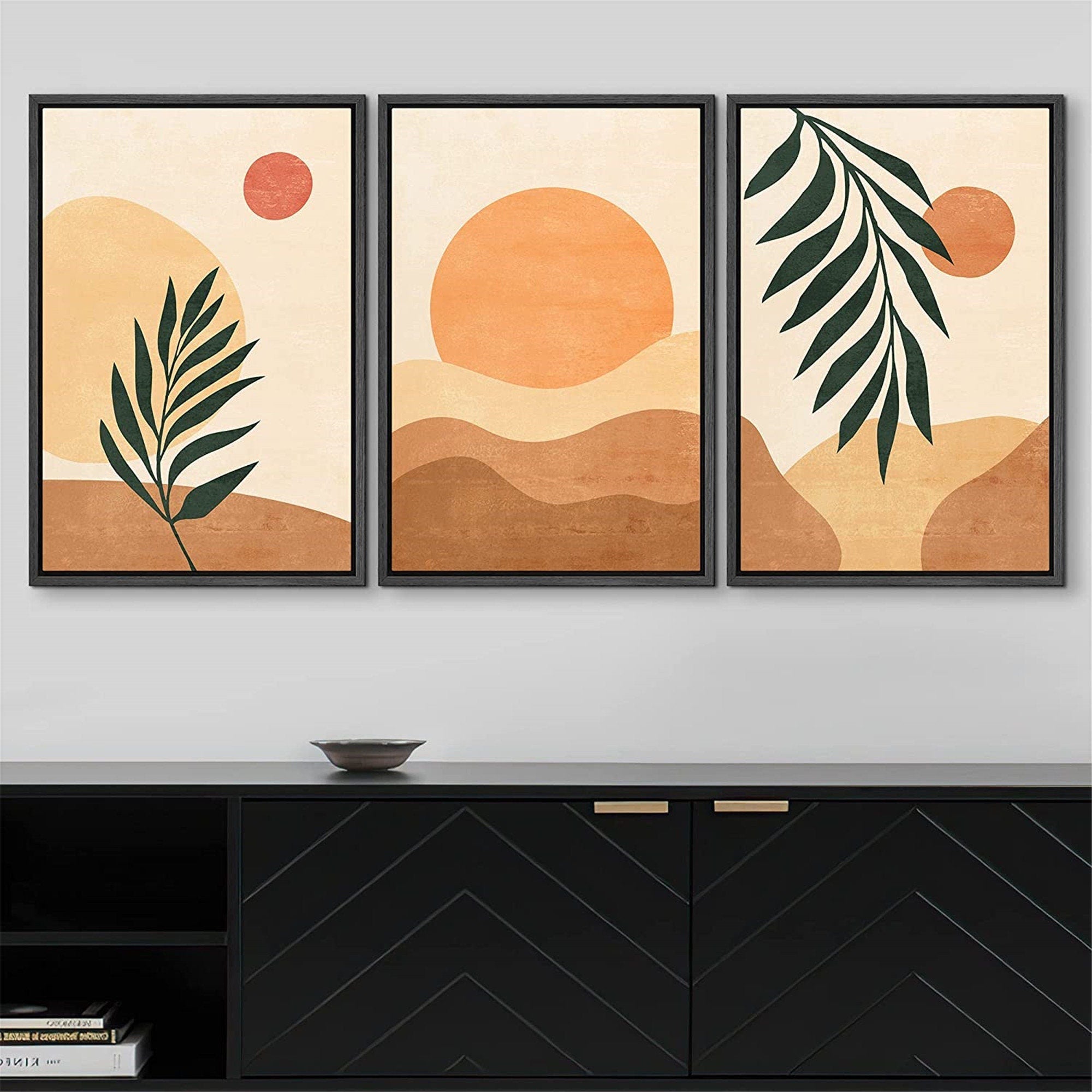 Framed Canvas Print Wall Art Set of 3 Geometric Arch Desert Plants Abstract Illustration Mid Century Modern Art Boho Decor