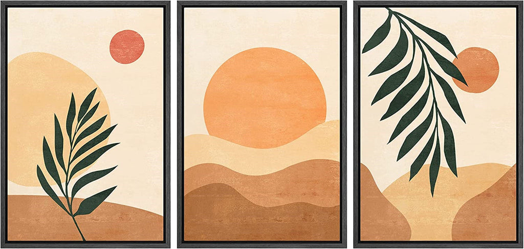 Framed Canvas Print Wall Art Set of 3 Geometric Arch Desert Plants Abstract Illustration Mid Century Modern Art Boho Decor