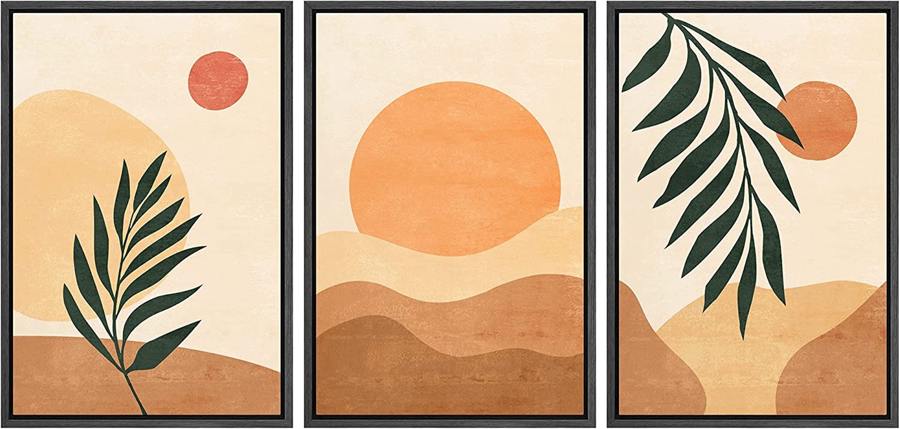 Framed Canvas Print Wall Art Set of 3 Geometric Arch Desert Plants Abstract Illustration Mid Century Modern Art Boho Decor