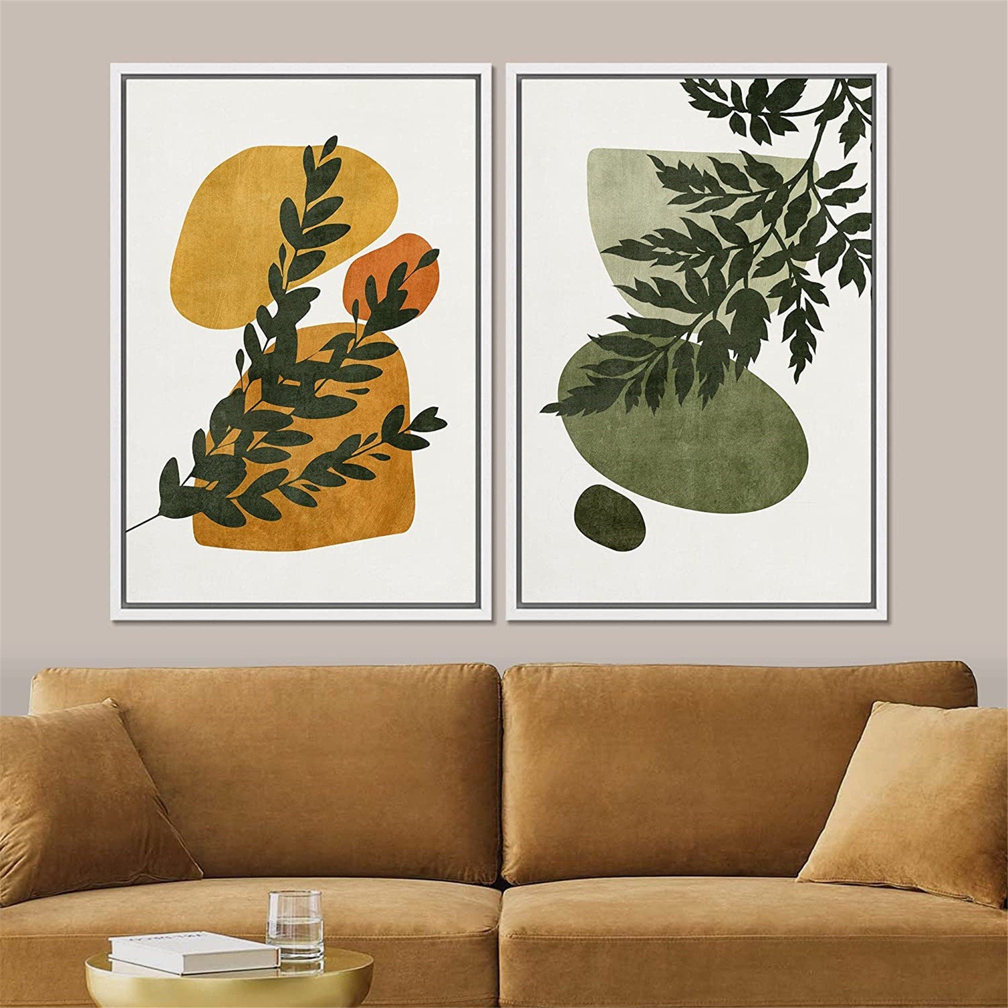 Framed Canvas Print Wall Art Set of 2 Fern Leaf Collage Abstract Shapes Illustrations Mid Century Modern Art Boho Decor