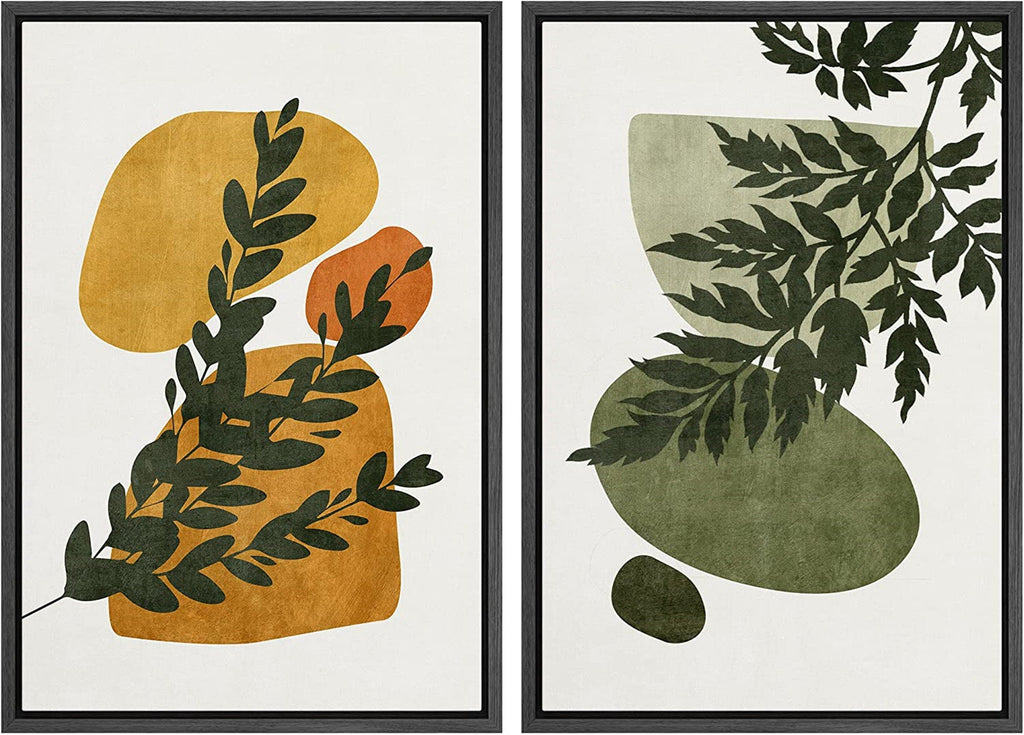 Framed Canvas Print Wall Art Set of 2 Fern Leaf Collage Abstract Shapes Illustrations Mid Century Modern Art Boho Decor