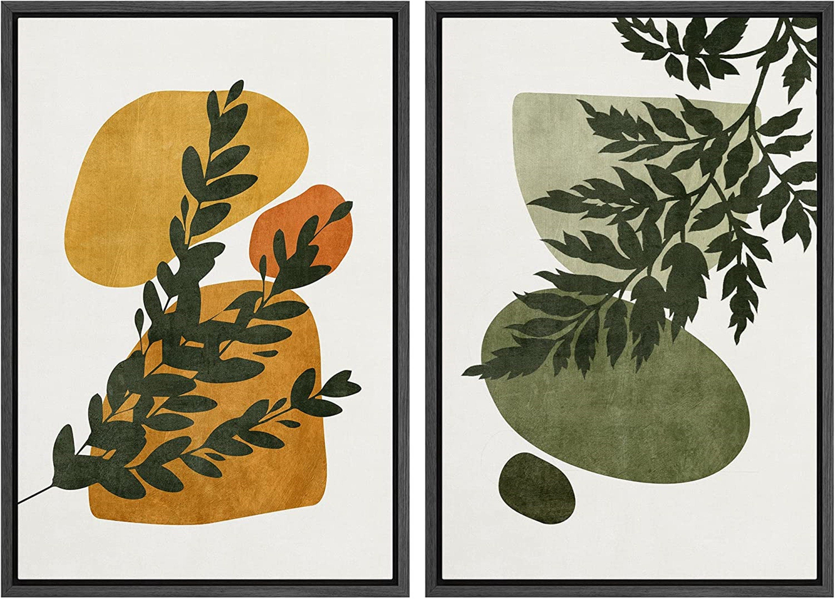 Framed Canvas Print Wall Art Set of 2 Fern Leaf Collage Abstract Shapes Illustrations Mid Century Modern Art Boho Decor