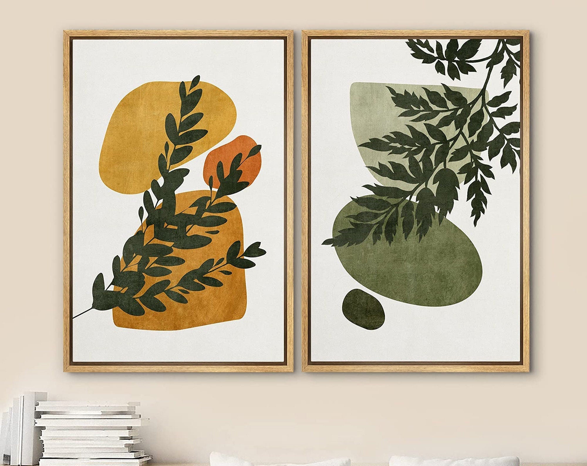 Framed Canvas Print Wall Art Set of 2 Fern Leaf Collage Abstract Shapes Illustrations Mid Century Modern Art Boho Decor