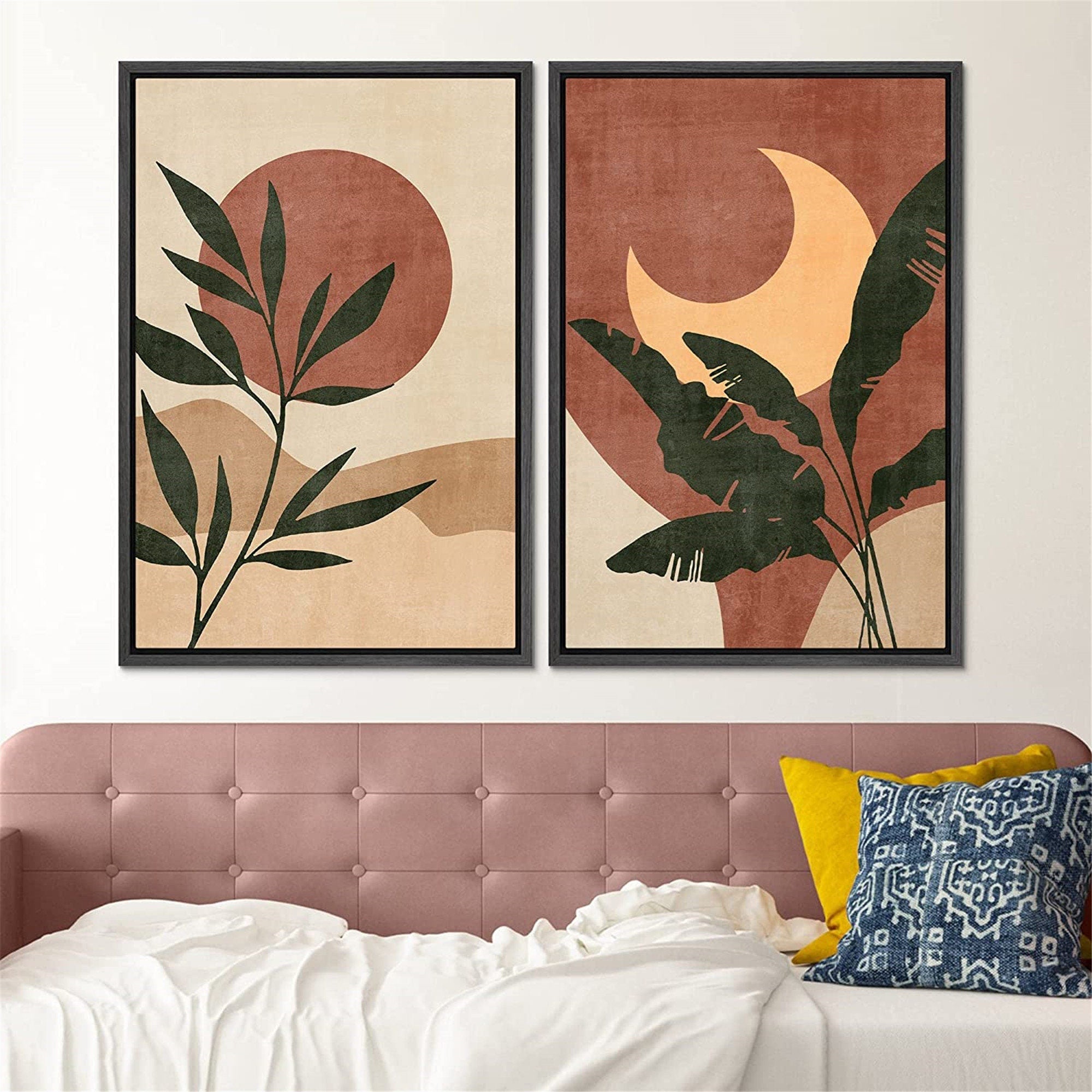 Framed Canvas Print Wall Art Set of 2 Tropical Desert Oasis Jungle Leaf Abstract Illustrations Mid Century Modern Art Boho Decor
