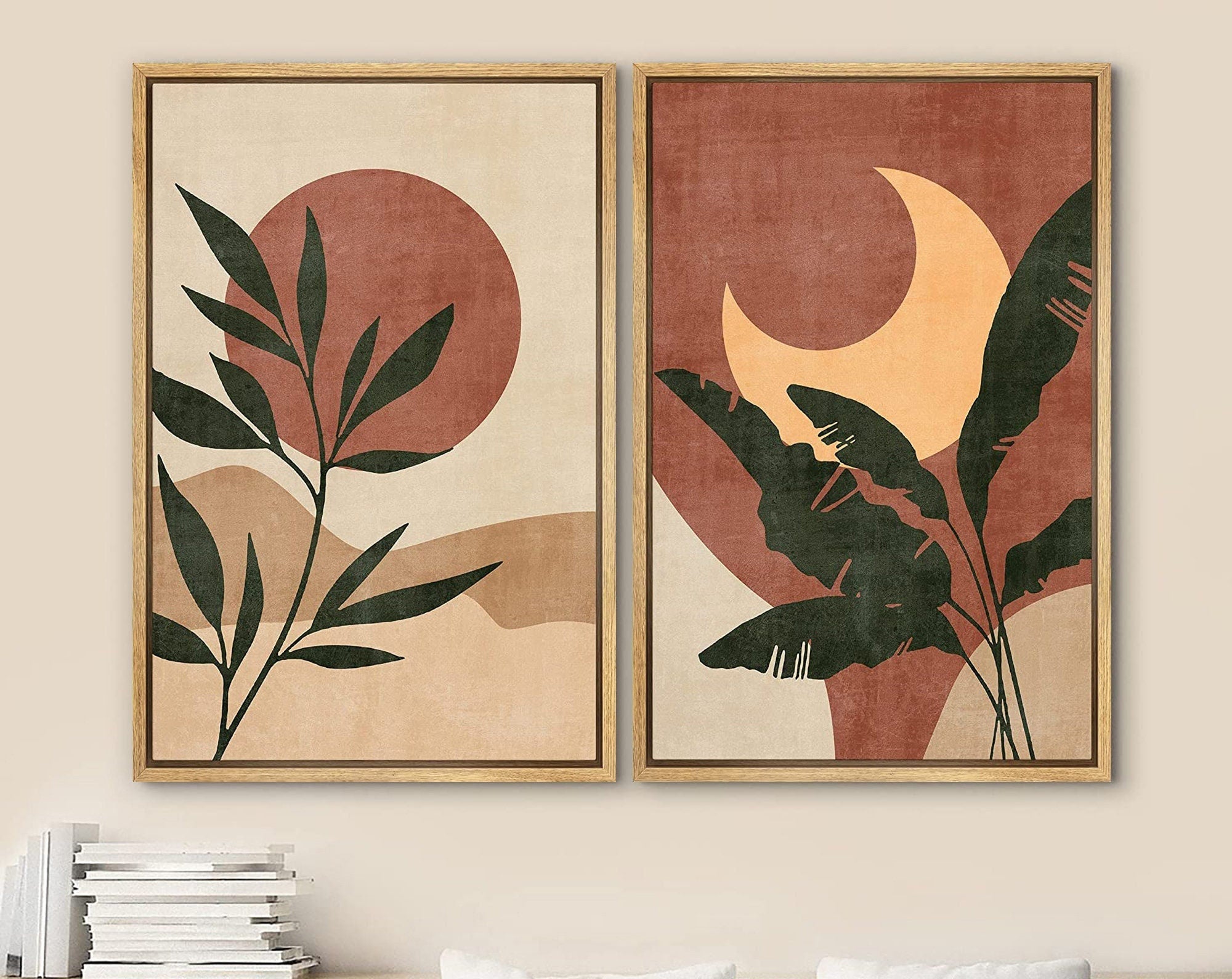 Framed Canvas Print Wall Art Set of 2 Tropical Desert Oasis Jungle Leaf Abstract Illustrations Mid Century Modern Art Boho Decor