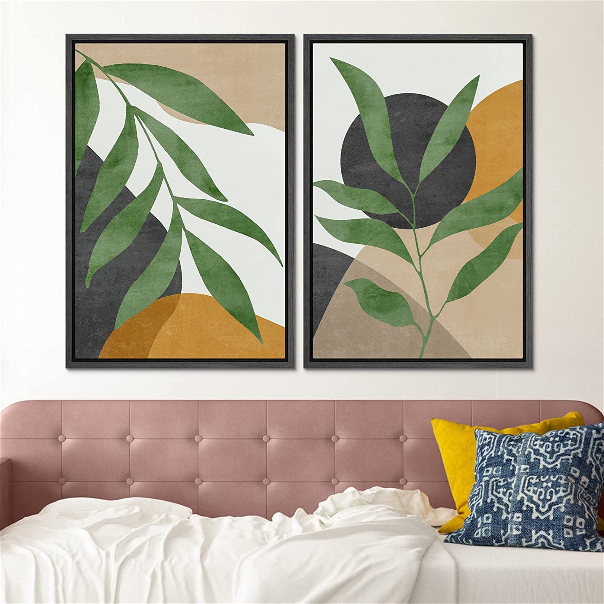 Framed Canvas Print Wall Art Set of 2 Plant Polygon Abstract Shapes Illustrations Mid Century Modern Art Boho Decor