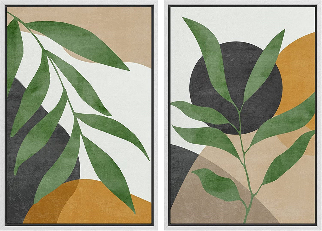 Framed Canvas Print Wall Art Set of 2 Plant Polygon Abstract Shapes Illustrations Mid Century Modern Art Boho Decor