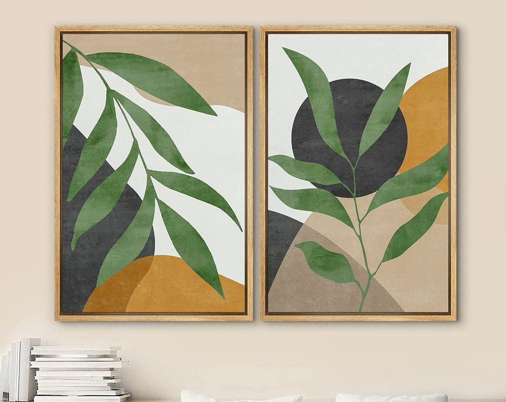 Framed Canvas Print Wall Art Set of 2 Plant Polygon Abstract Shapes Illustrations Mid Century Modern Art Boho Decor