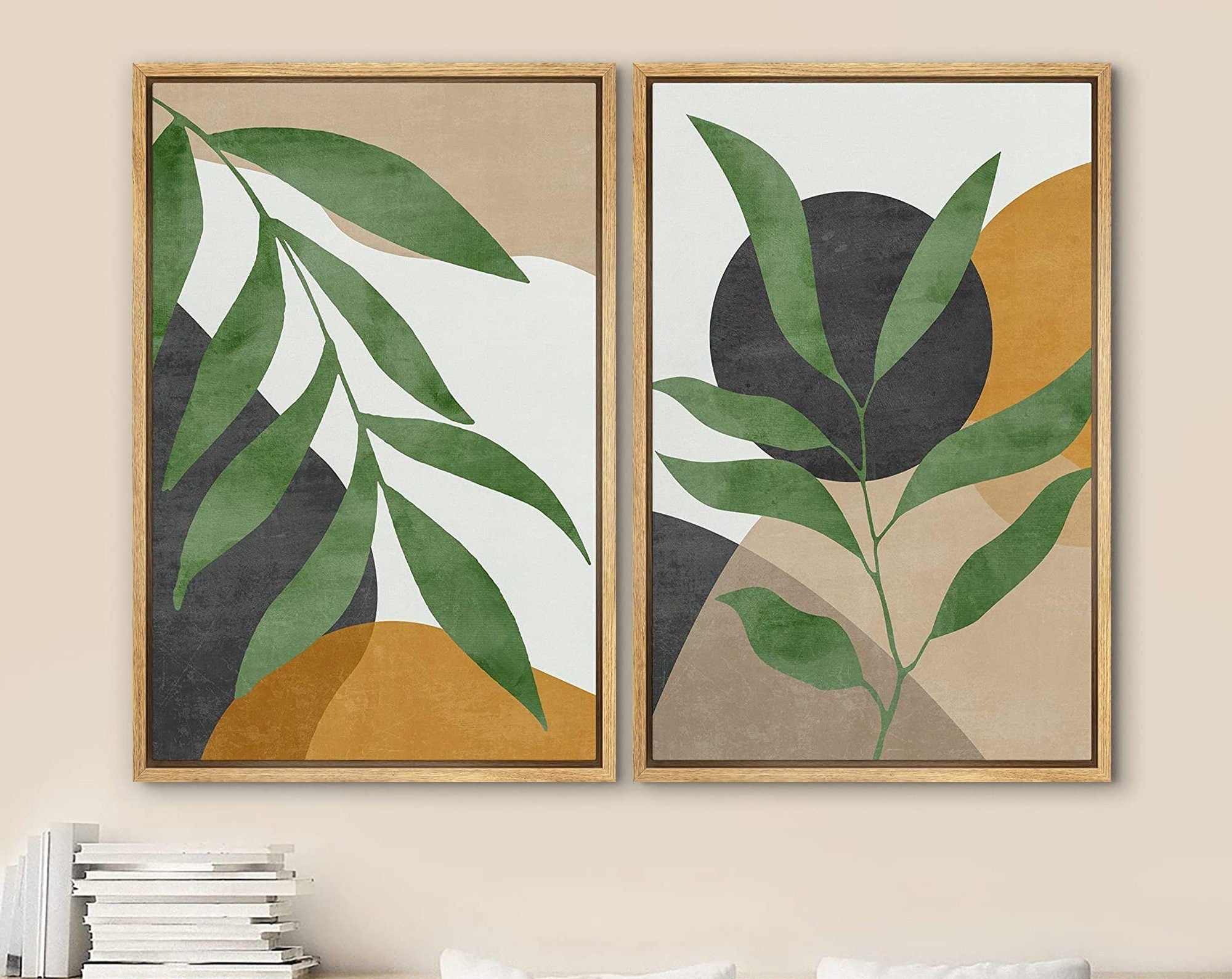 Framed Canvas Print Wall Art Set of 2 Plant Polygon Abstract Shapes Illustrations Mid Century Modern Art Boho Decor