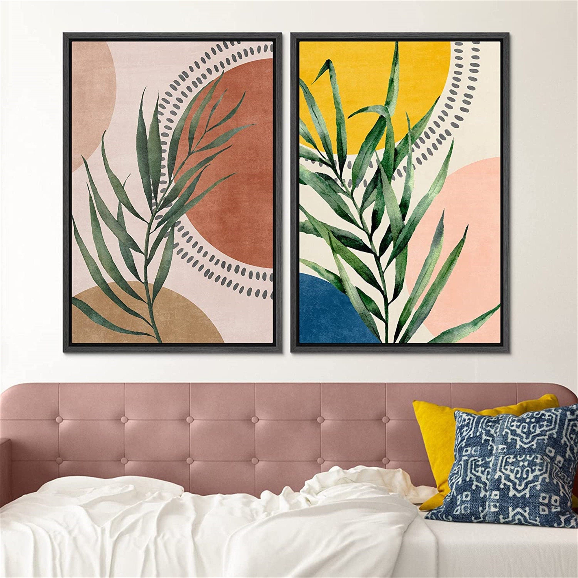 Framed Canvas Print Wall Art Set of 2 Geometric Plants Polygons Abstract Shapes Illustration Mid Century Modern Art Boho Decor