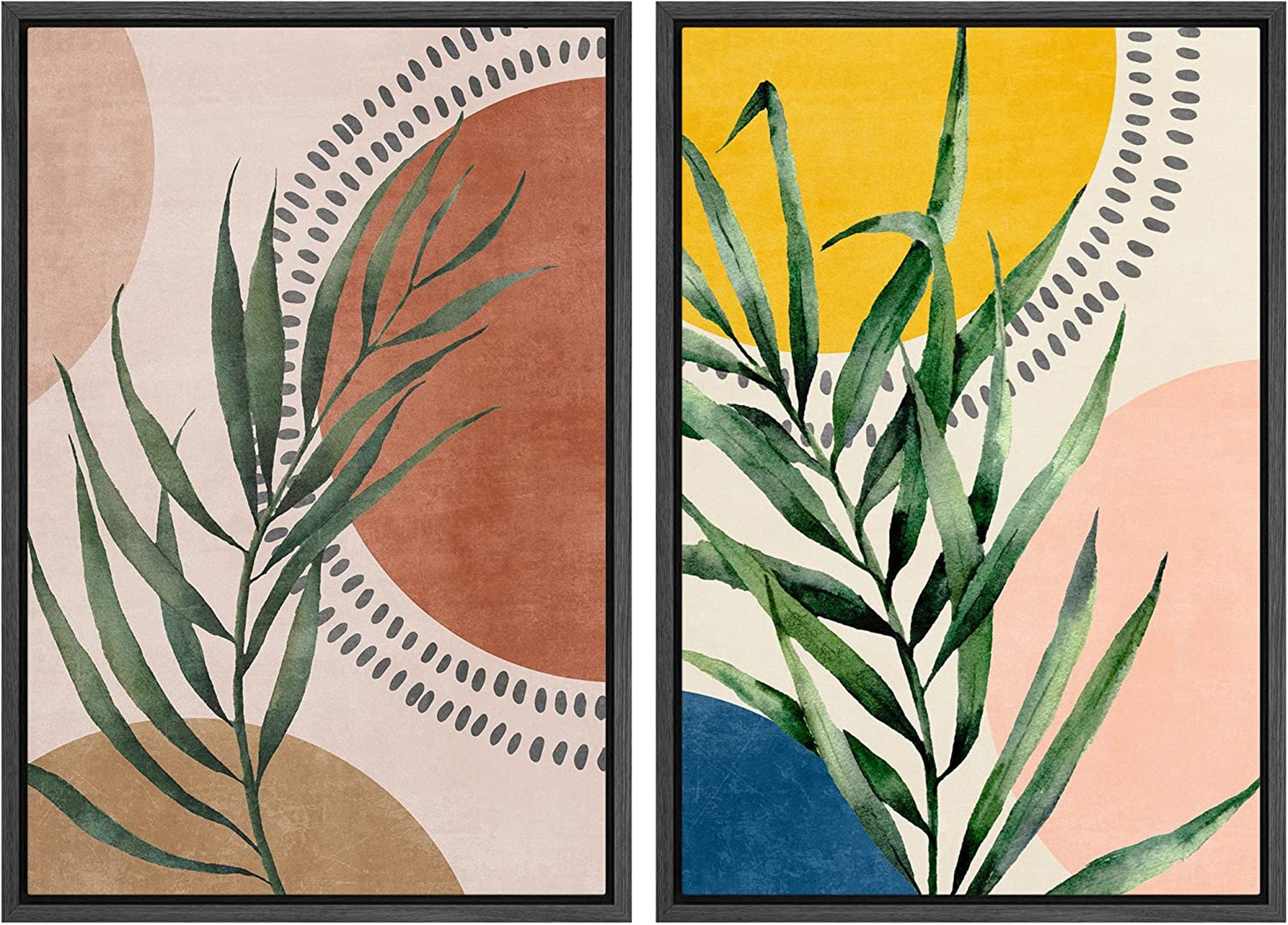 Framed Canvas Print Wall Art Set of 2 Geometric Plants Polygons Abstract Shapes Illustration Mid Century Modern Art Boho Decor