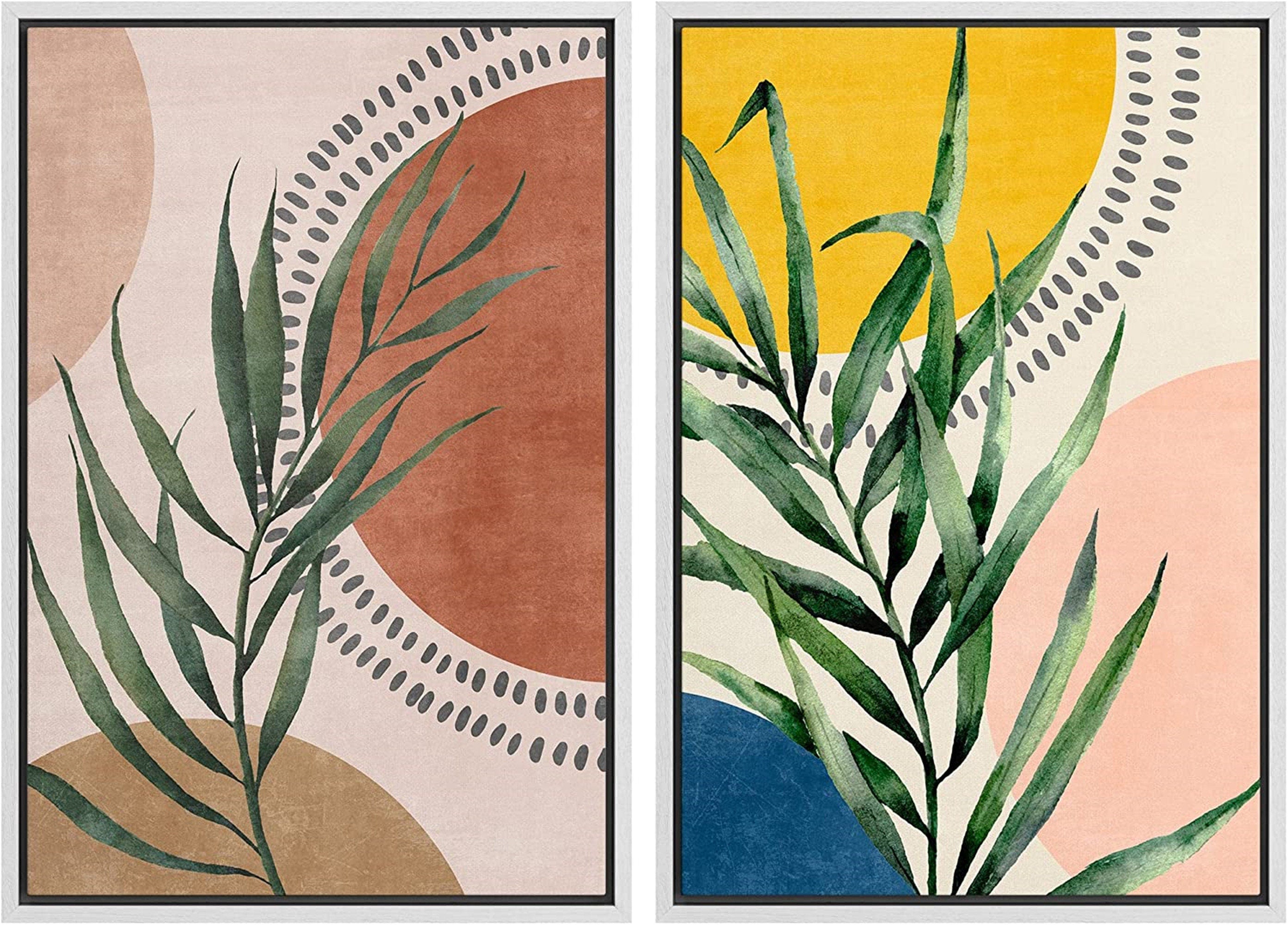 Framed Canvas Print Wall Art Set of 2 Geometric Plants Polygons Abstract Shapes Illustration Mid Century Modern Art Boho Decor