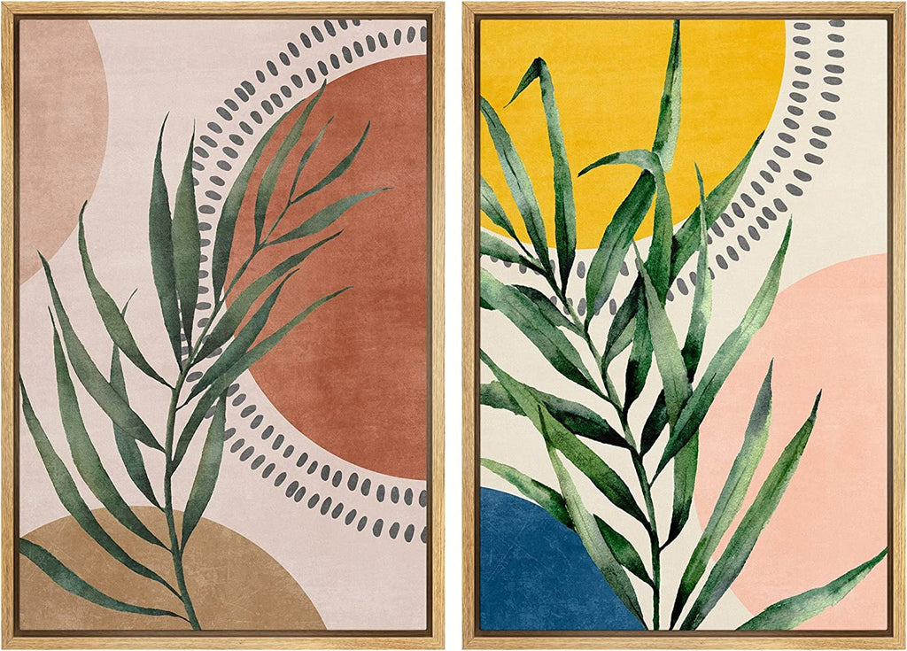 Framed Canvas Print Wall Art Set of 2 Geometric Plants Polygons Abstract Shapes Illustration Mid Century Modern Art Boho Decor
