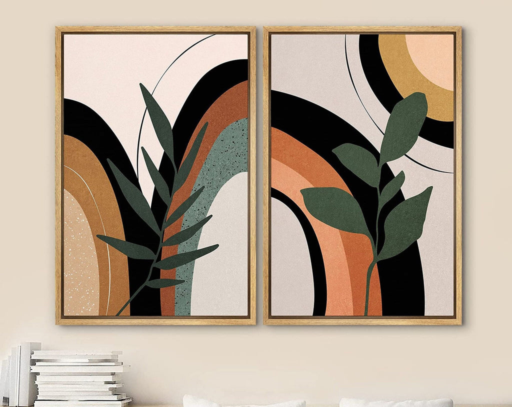 Framed Canvas Print Wall Art Set of 2 Ring Circles Plants Abstract Shapes Illustration Mid Century Modern Wall Art Boho Decor